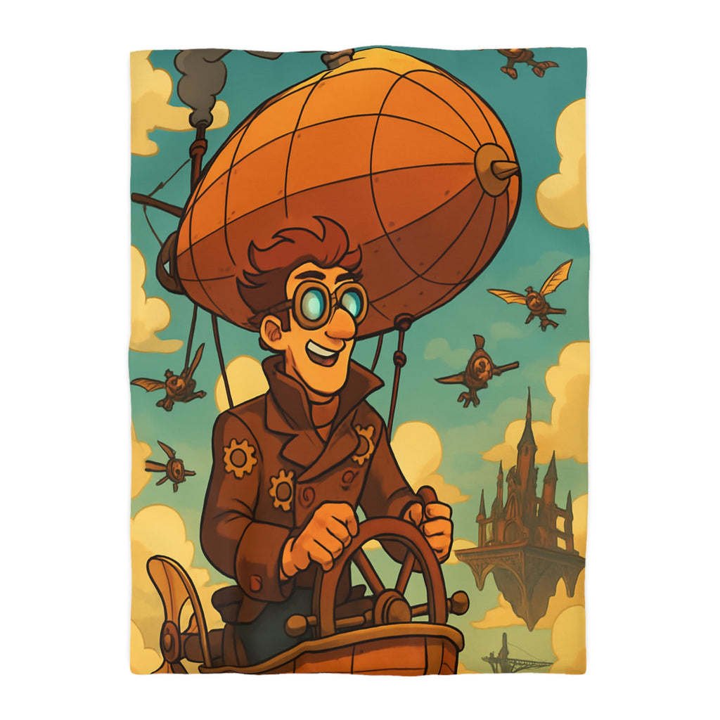 Housse de Couette Steampunk avec Ballon Dirigeable et Cité Volante dans le Ciel