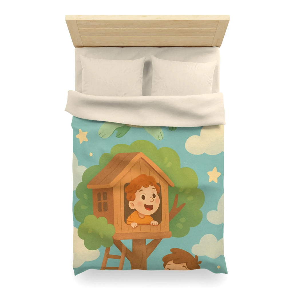 Housse de Couette Enfant Colorée avec Dragon, Maisonnette Arbre et Étoiles Féeriques