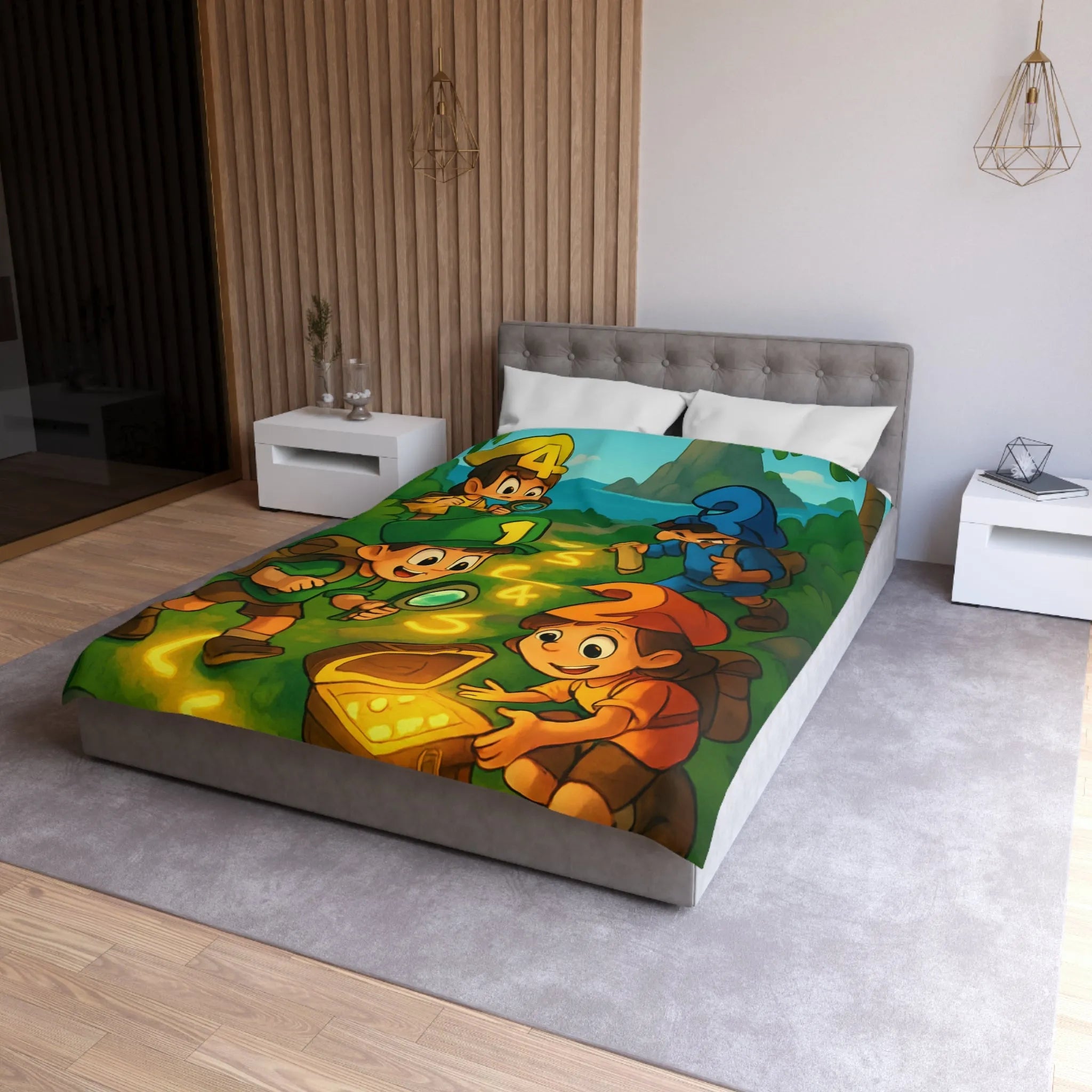 Housse de couette aventure enfants, chasse au trésor avec île et personnages joyeux