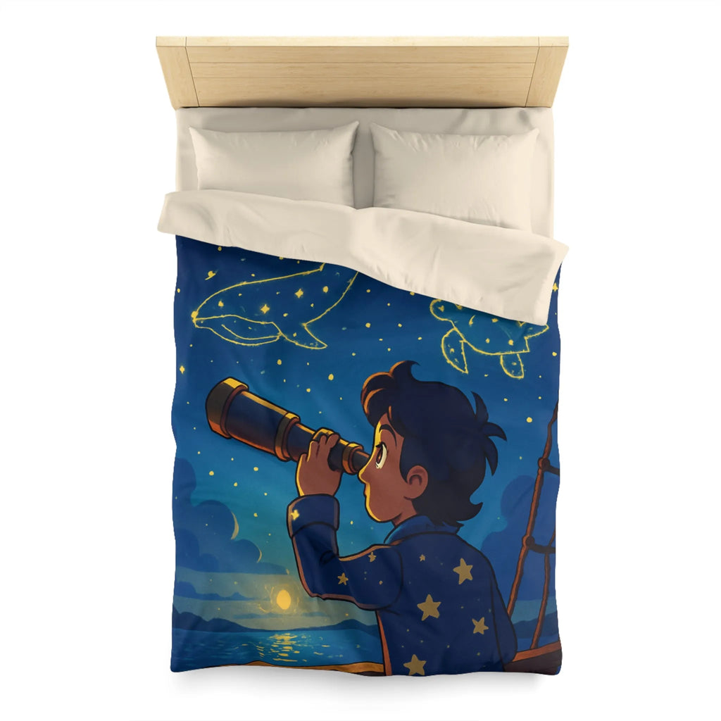 Housse de Couette Étoilée Enfant Rêveur Observant Constellations Célestes Bleu Nuit