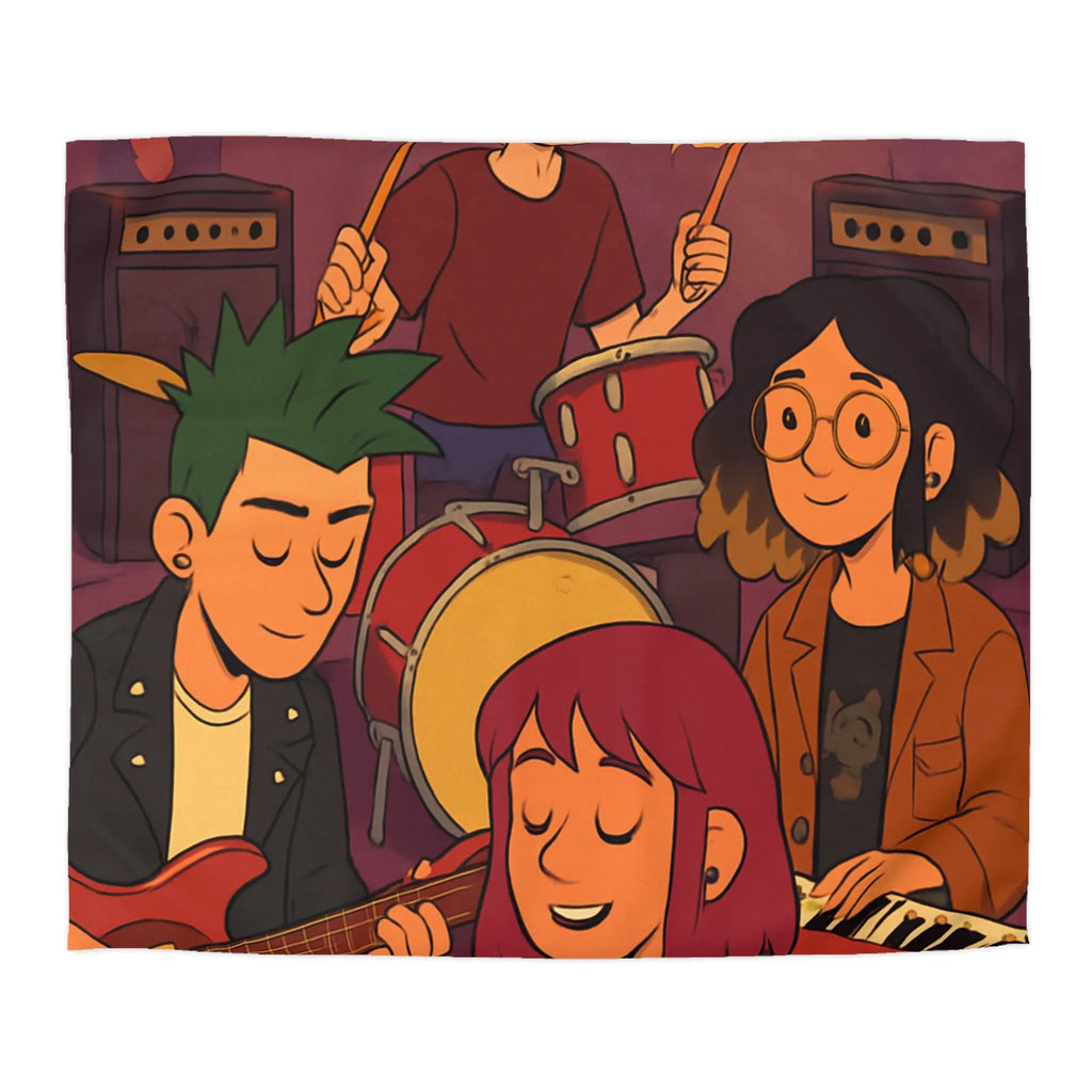 Housse de couette colorée avec jeunes musiciens animés jouant en harmonie joyeuse