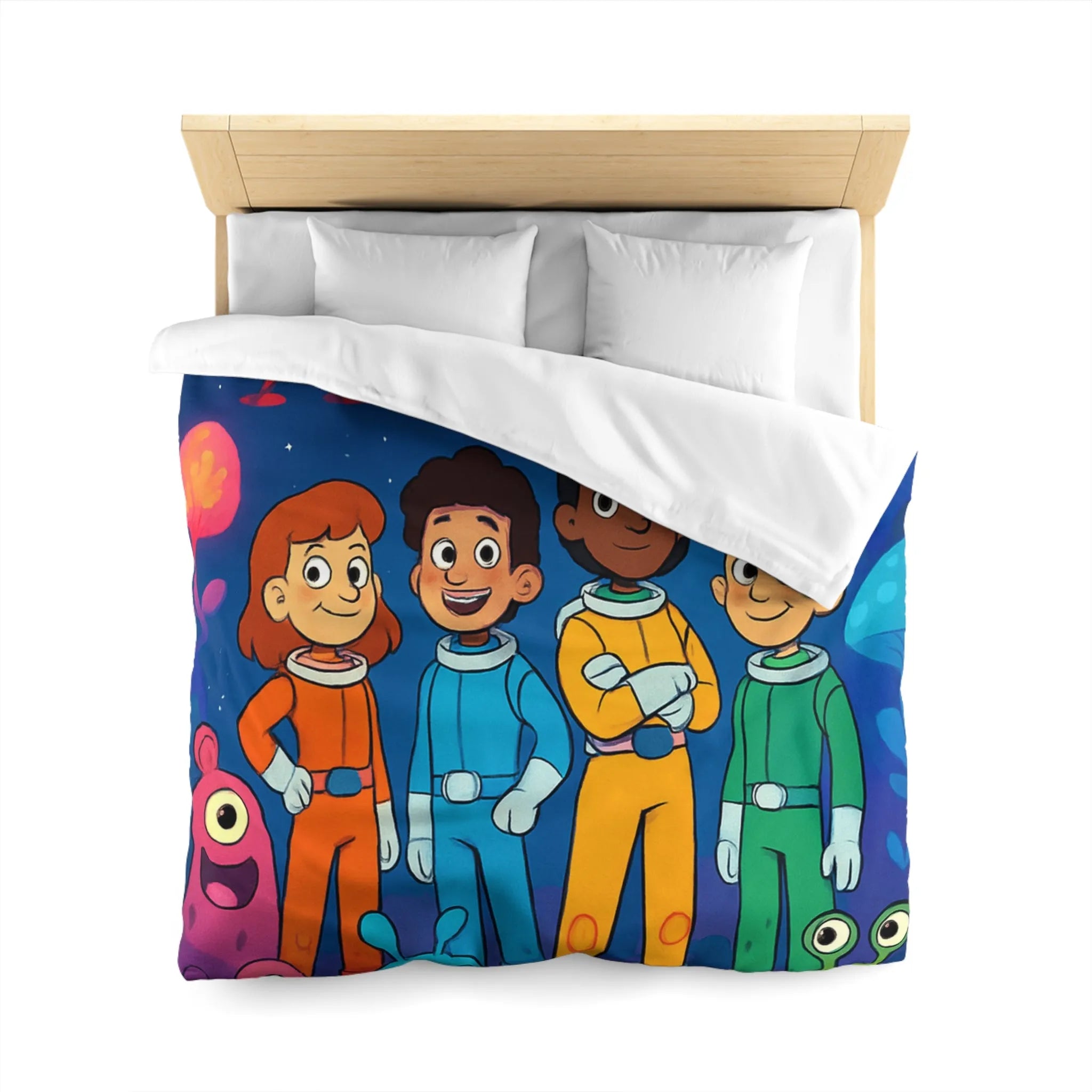Housse de couette enfant astronaute avec planète, fusée et créatures extraterrestres colorées