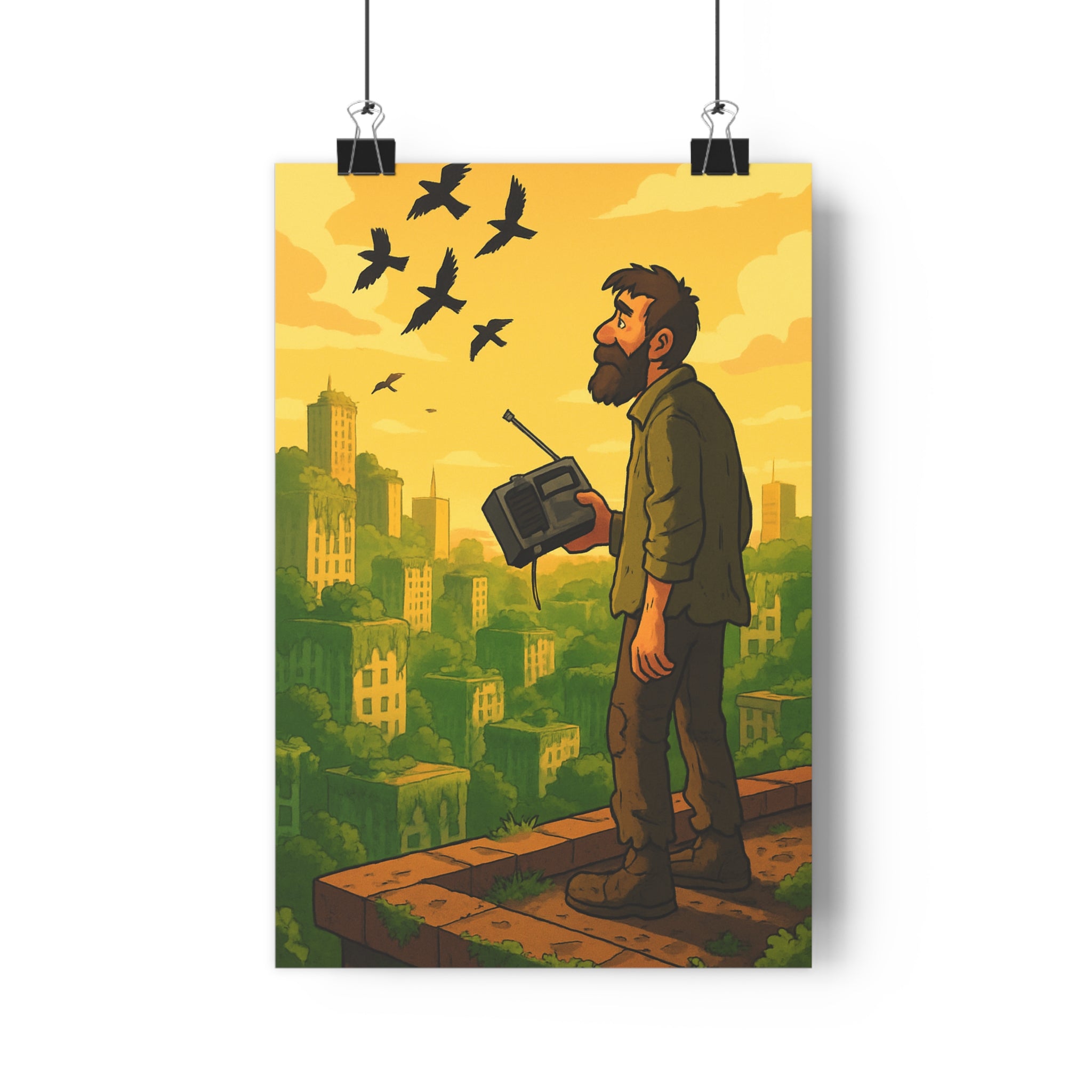 Poster décoratif cartoon aventure barbu talkiewalkie ruine végétation doré salon bureau ambiance captivante qualité