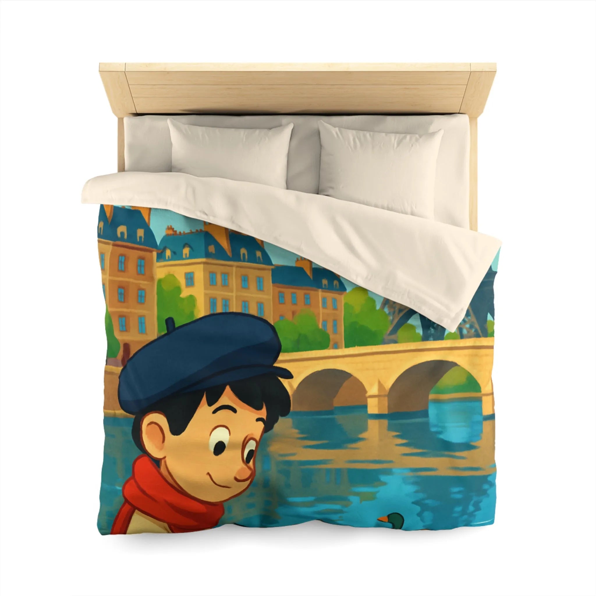 Housse de Couette Artistique Parisienne avec Enfant et Tour Eiffel au Printemps