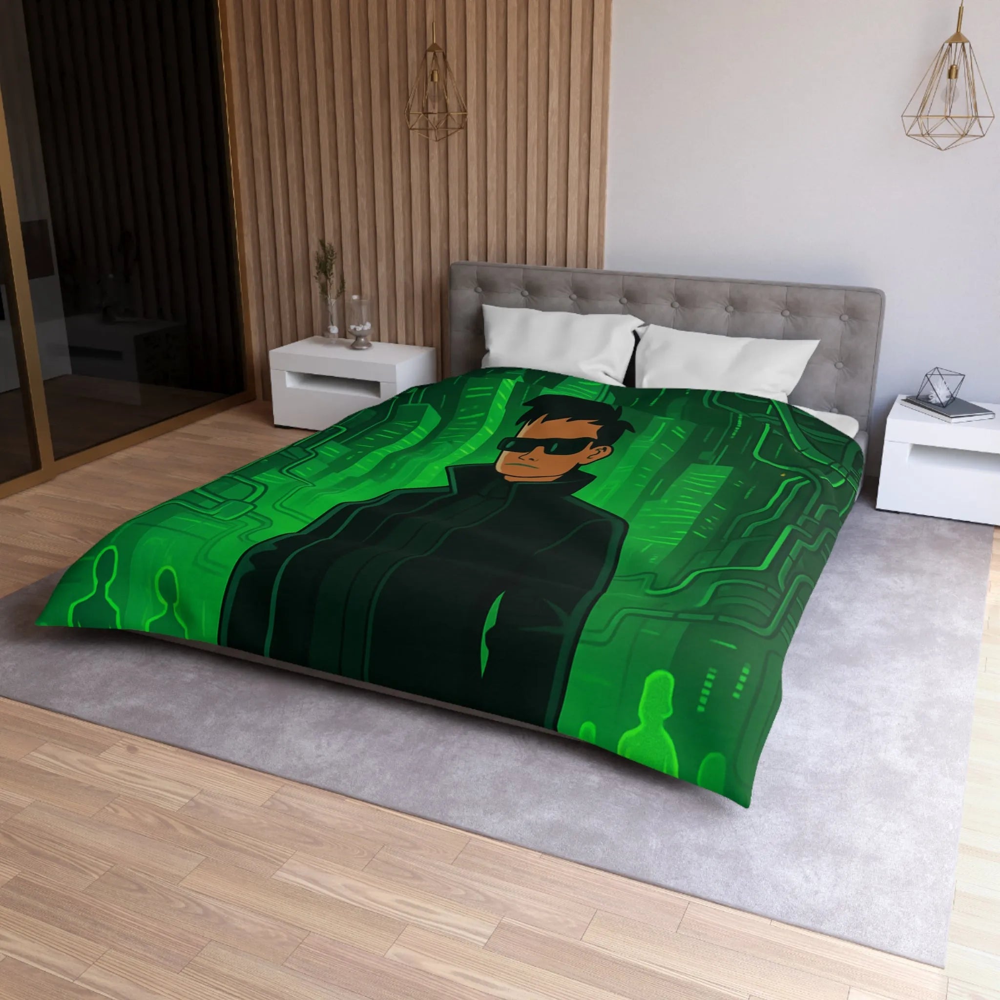 Housse de couette design futuriste vert avec motif personnage et ville numérique