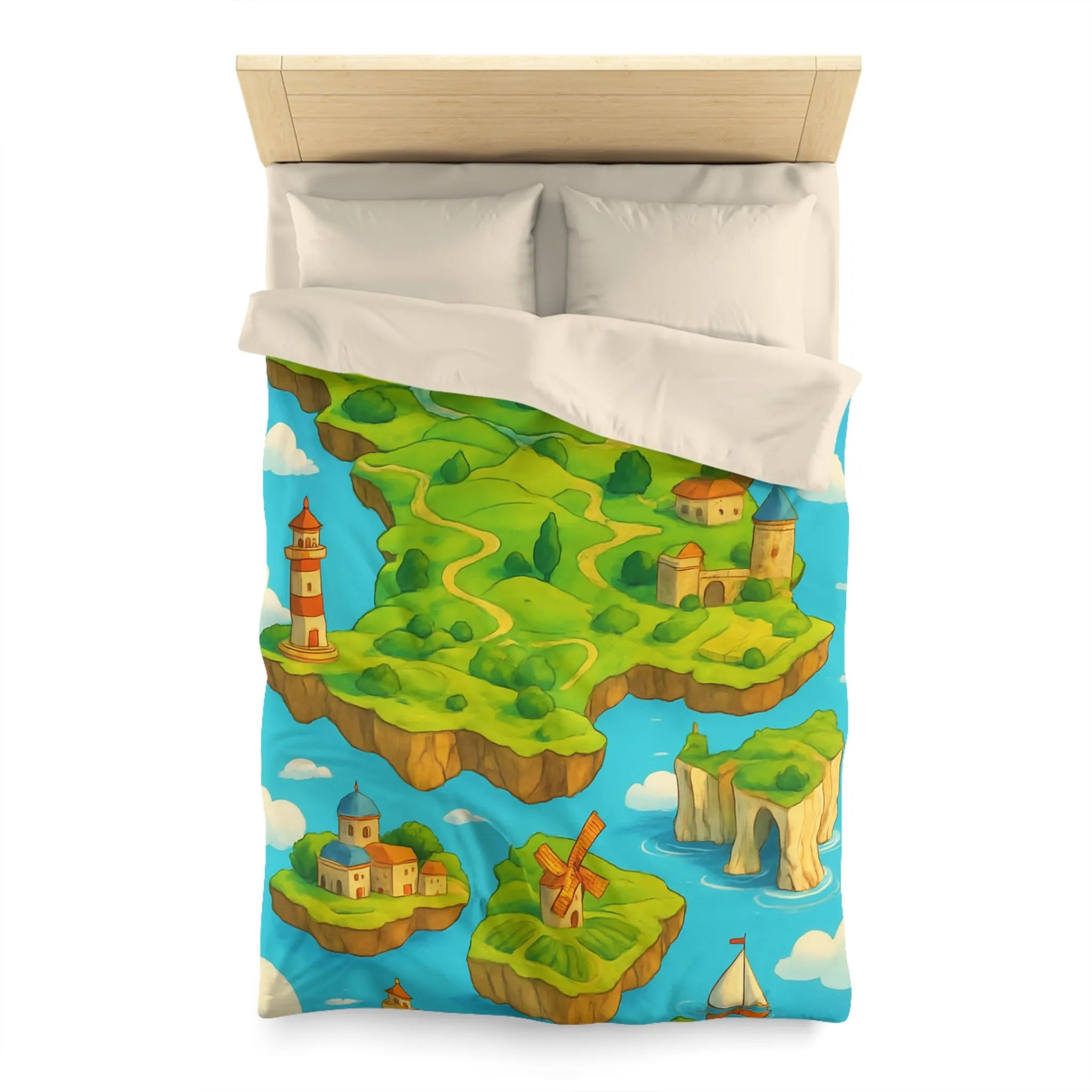 Housse de Couette Fantaisie Île Flottante Paysage Coloré Mer Moulins et Phare
