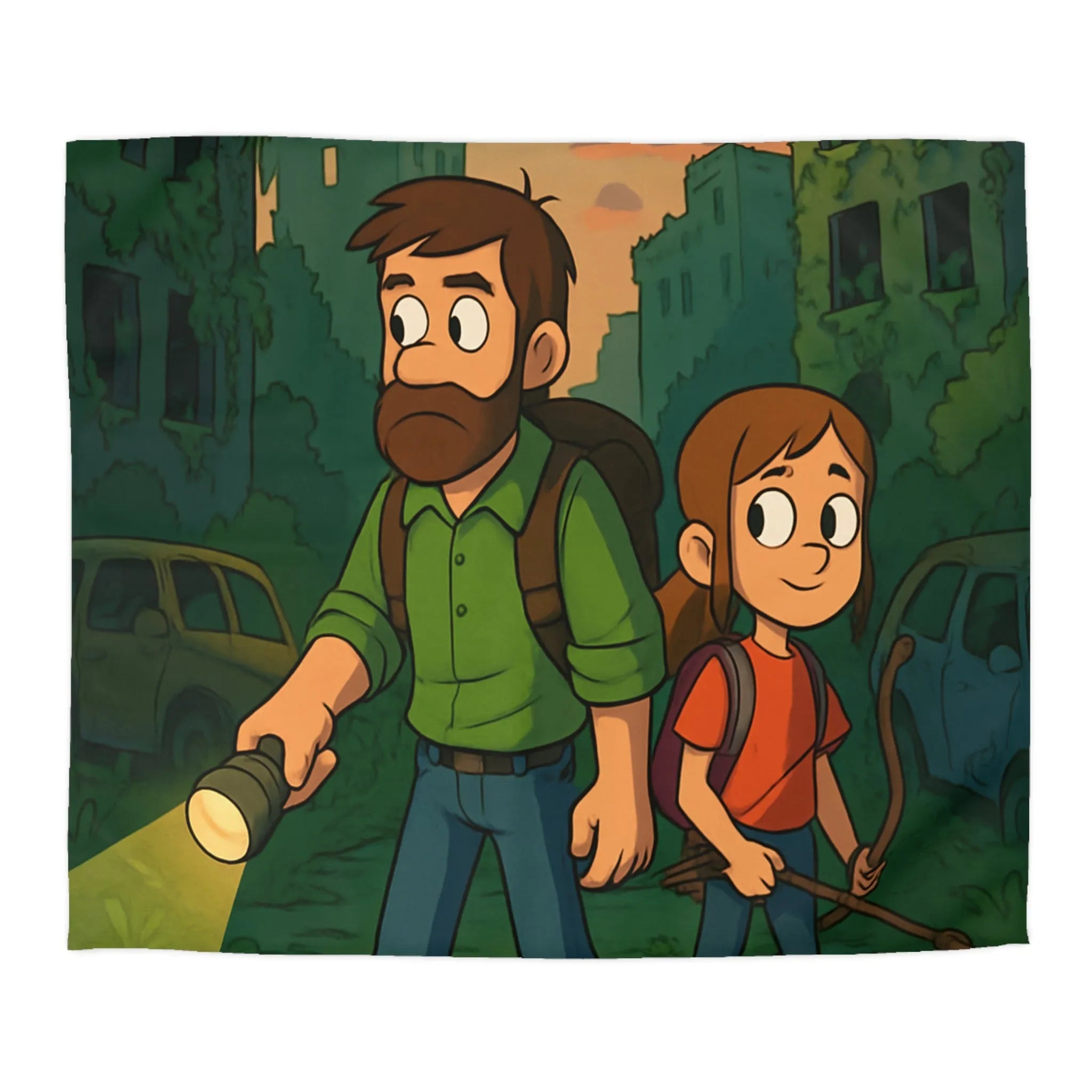 Housse de couette aventure urbaine avec personnages explorant une ville abandonnée la nuit