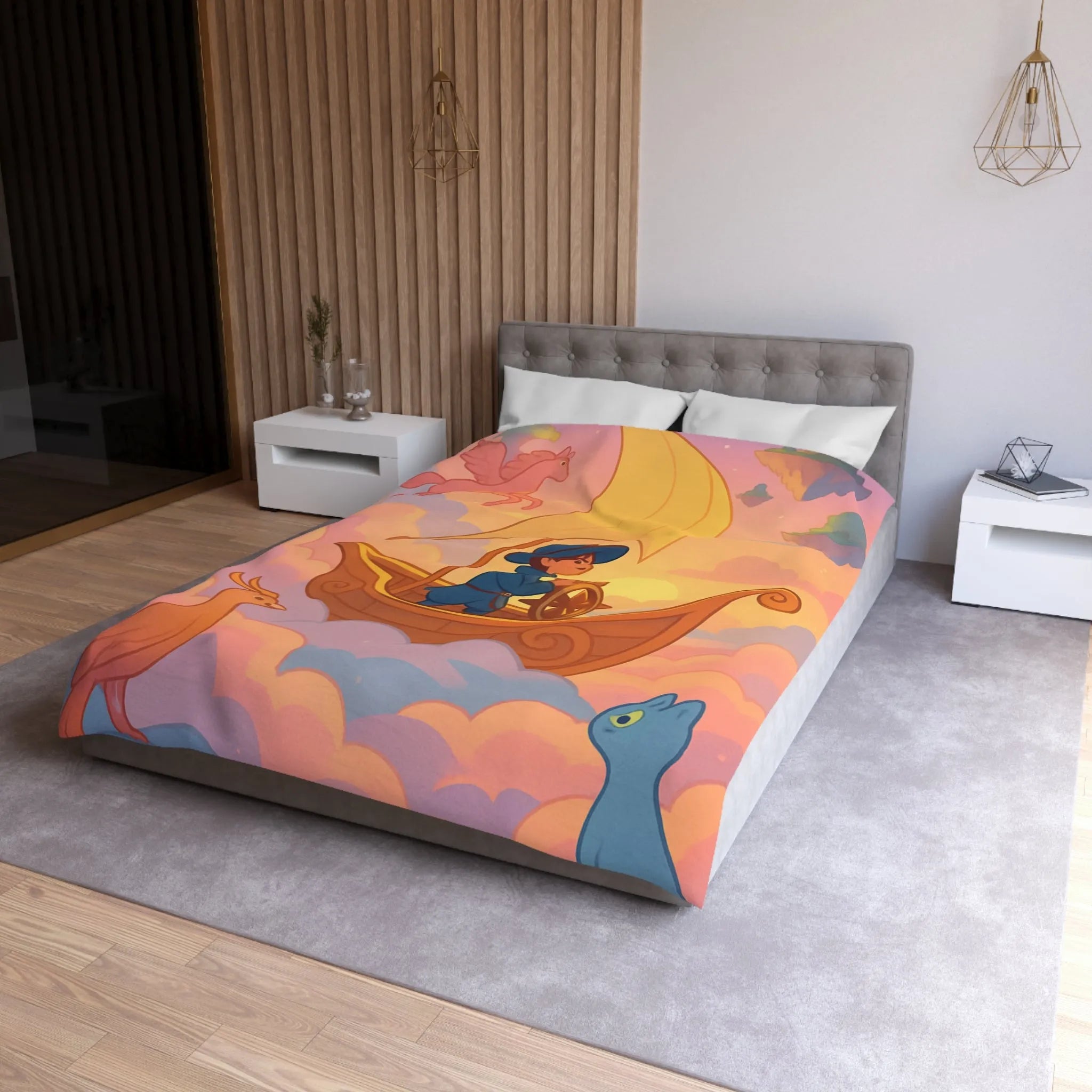 Housse de Couette Enchantée Avec Licorne et Bateau Volant Dans le Ciel Éthéré
