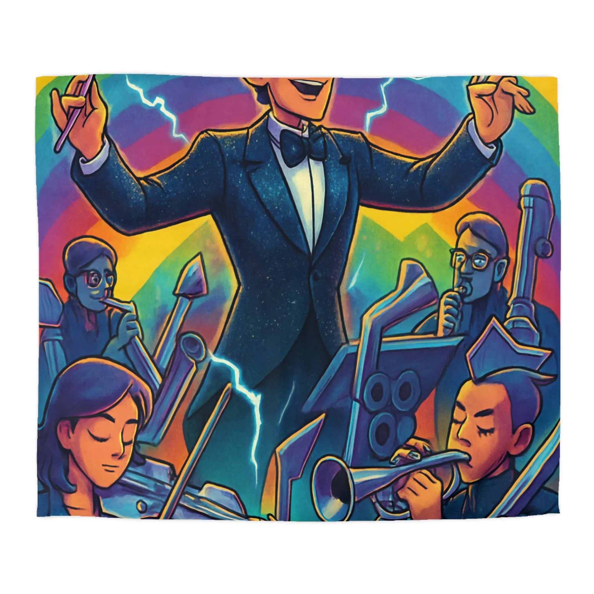 Housse de couette avec orchestre vibrant et chef d’orchestre sous arc-en-ciel lumineux