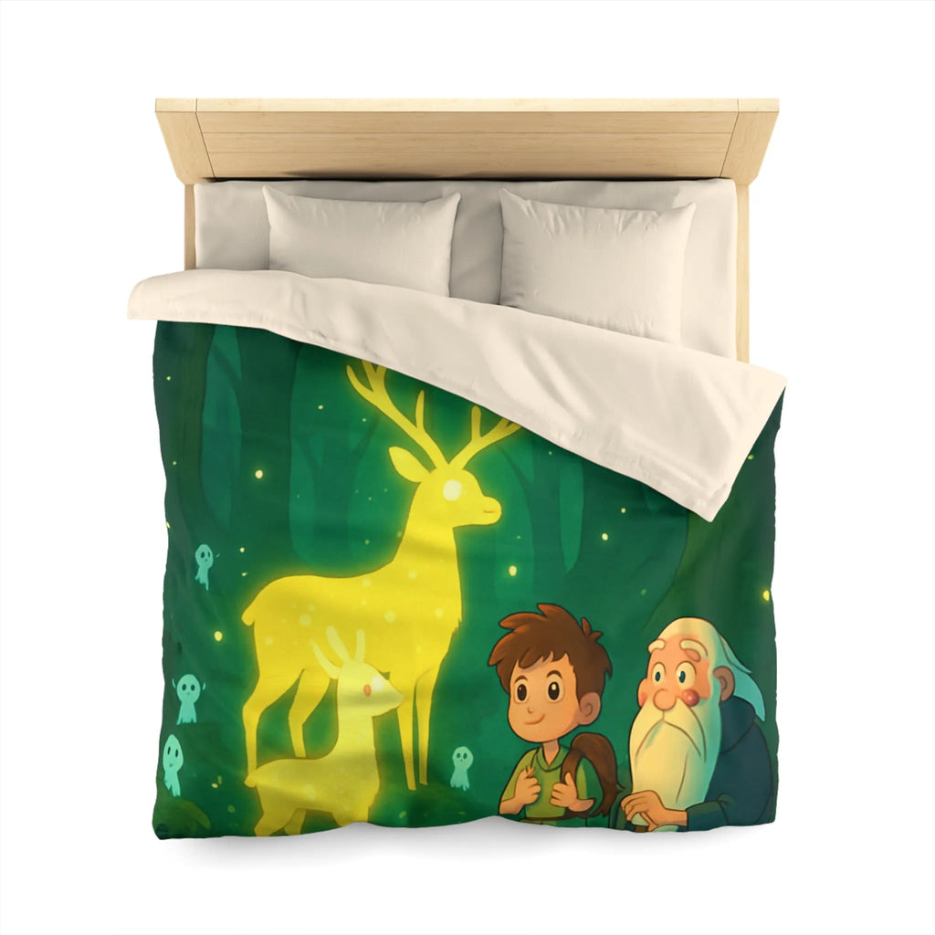 Housse de couette féerique avec cerfs lumineux et personnages dans une forêt enchantée