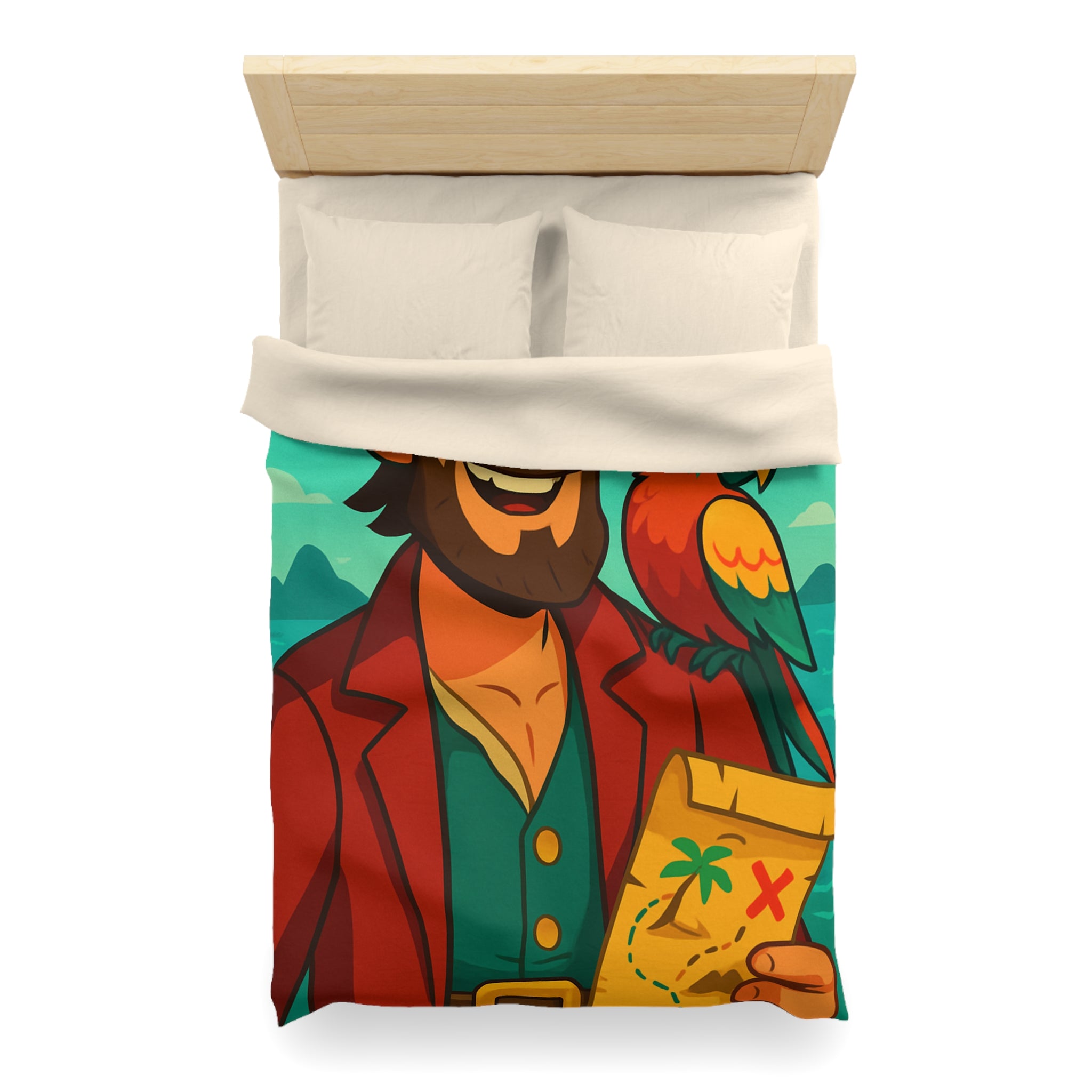 Housse de couette pirate aventurier avec perroquet coloré et carte au trésor illustrée