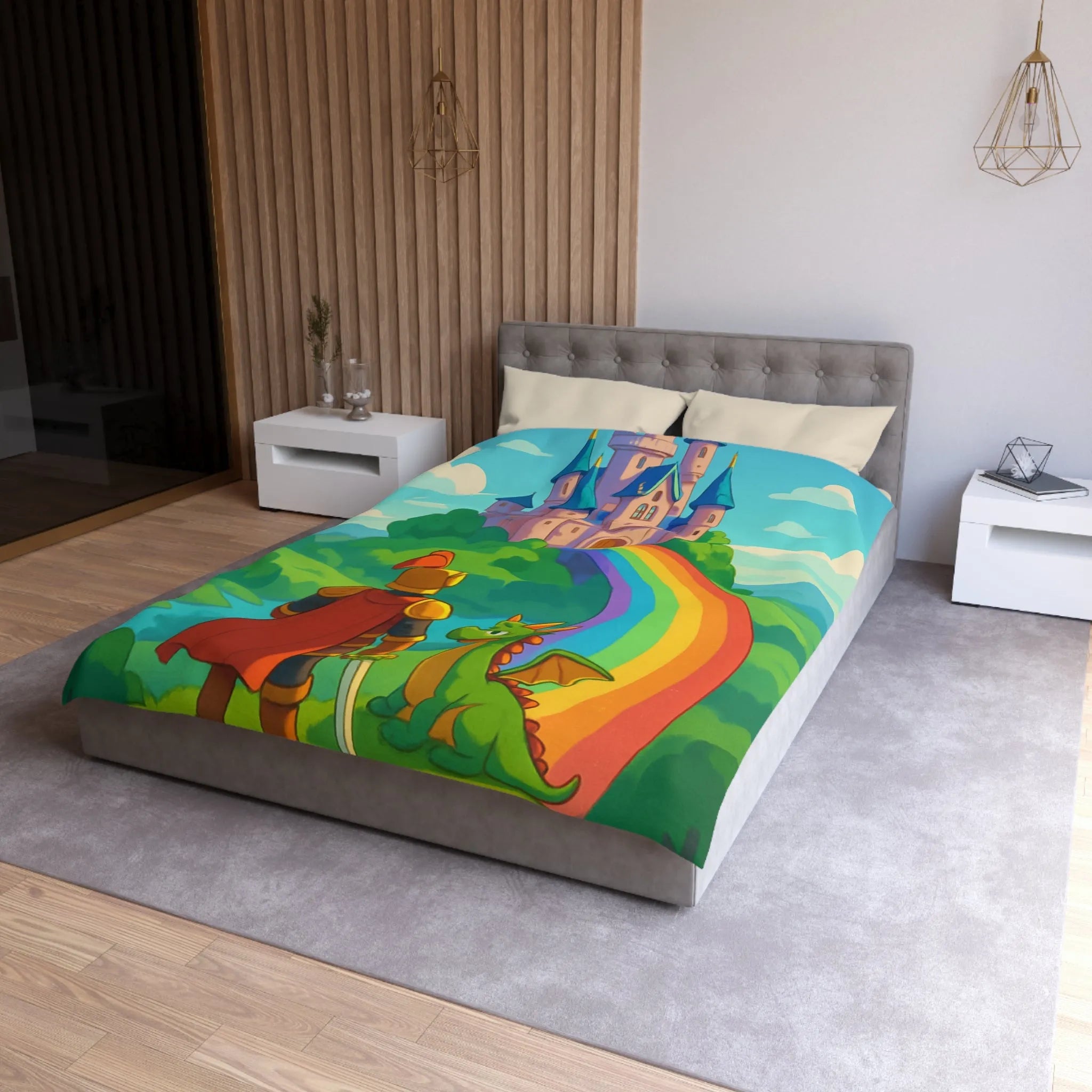 Housse de couette féérique avec chevalier, dragon et château sur arc-en-ciel magique