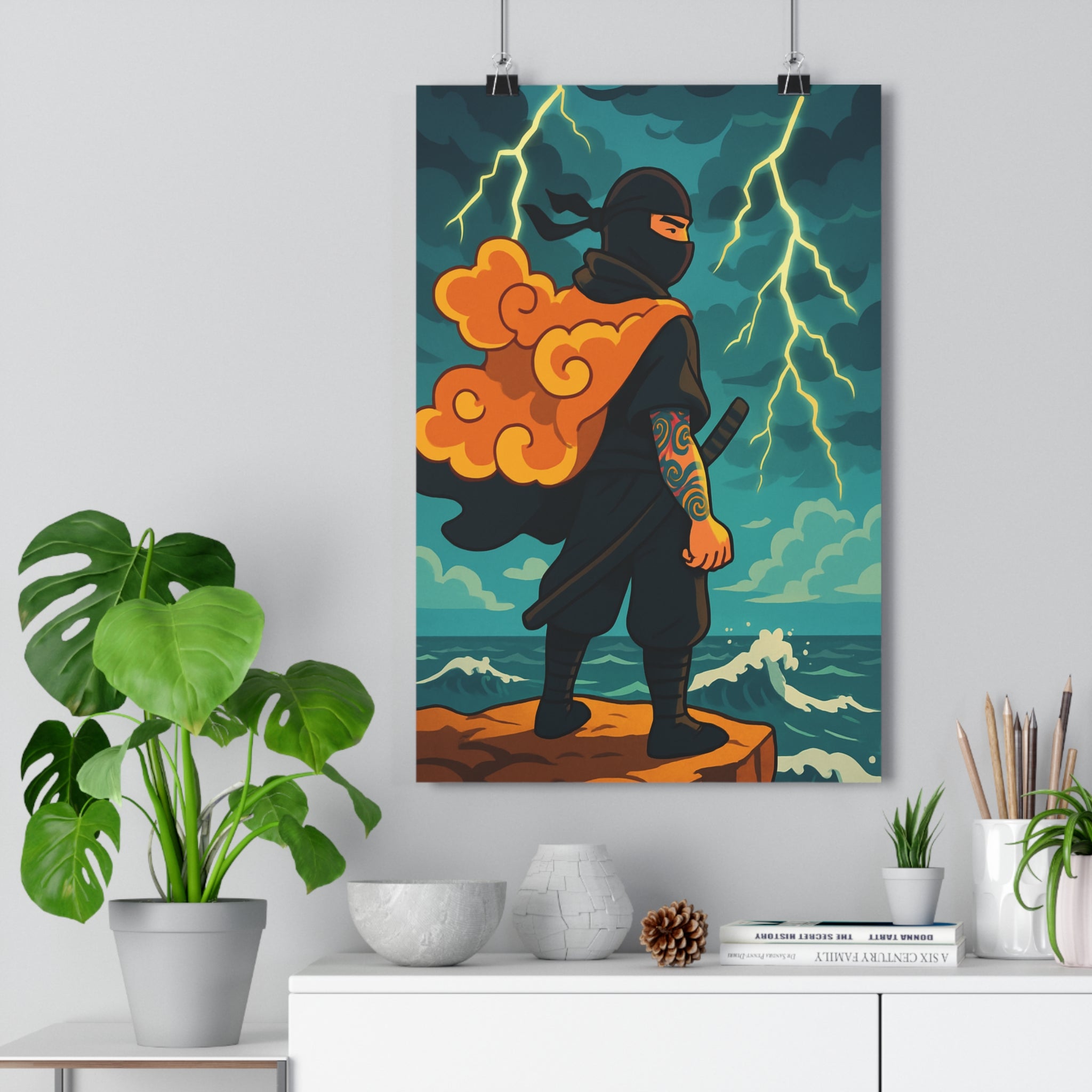 Poster décoratif guerrier mystique noir orange dramatique art moderne bureau salon maison 30x46 ambiance