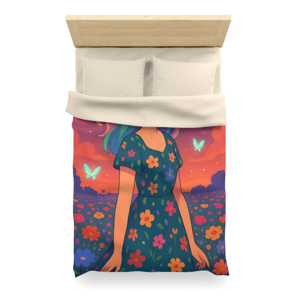 Housse de couette artistique avec fille et papillons dans champ fleuri vibrant
