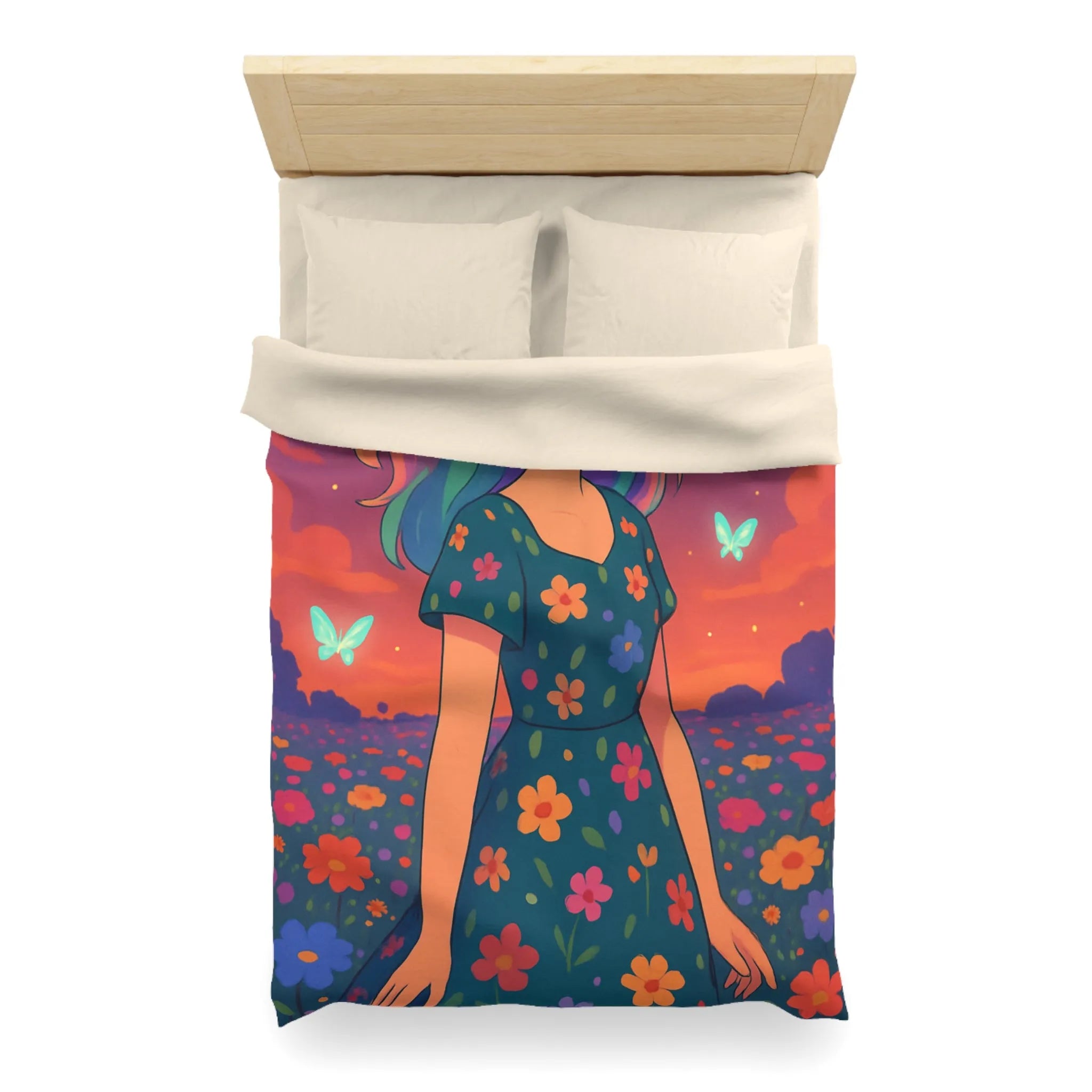 Housse de couette artistique avec fille et papillons dans champ fleuri vibrant