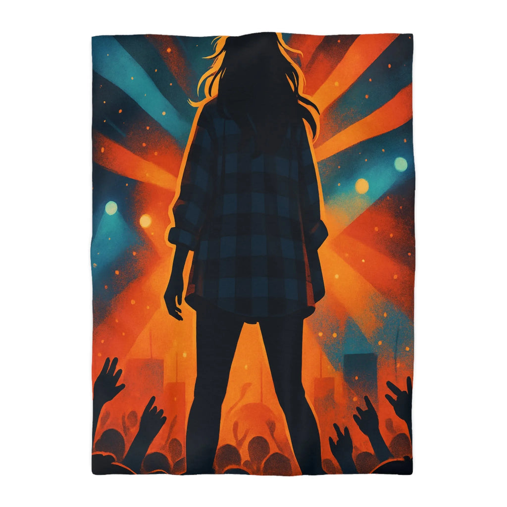 Housse de couette concert silhouette musicien rétro rayons de lumière colorés scène