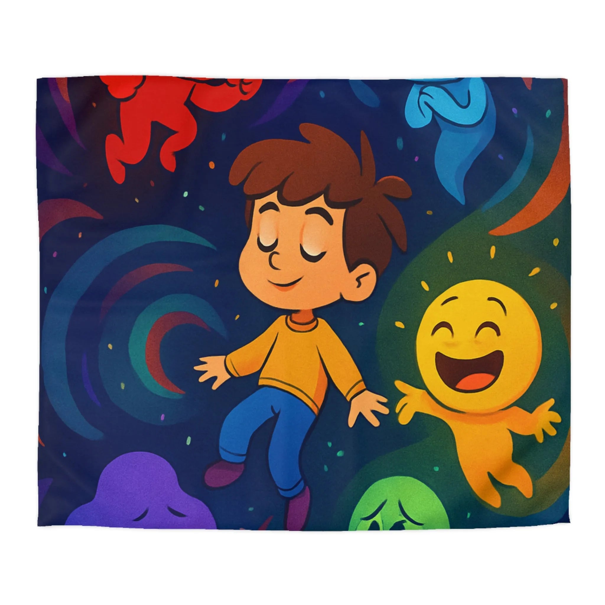 Housse de couette colorée avec personnages émotionnels flottants pour chambre d'enfant joyeuse