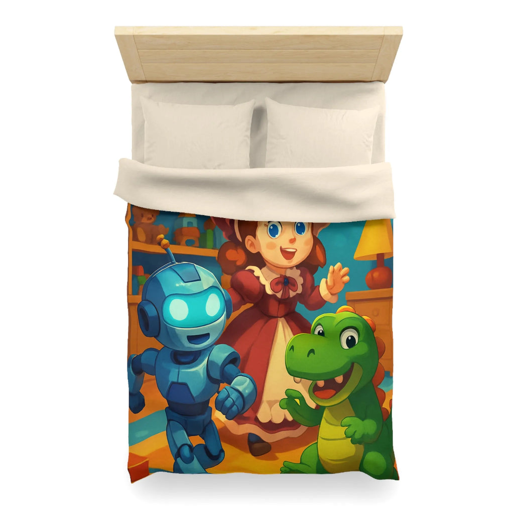 Housse de couette colorée avec robot, dinosaure et poupée en chambre enfantine