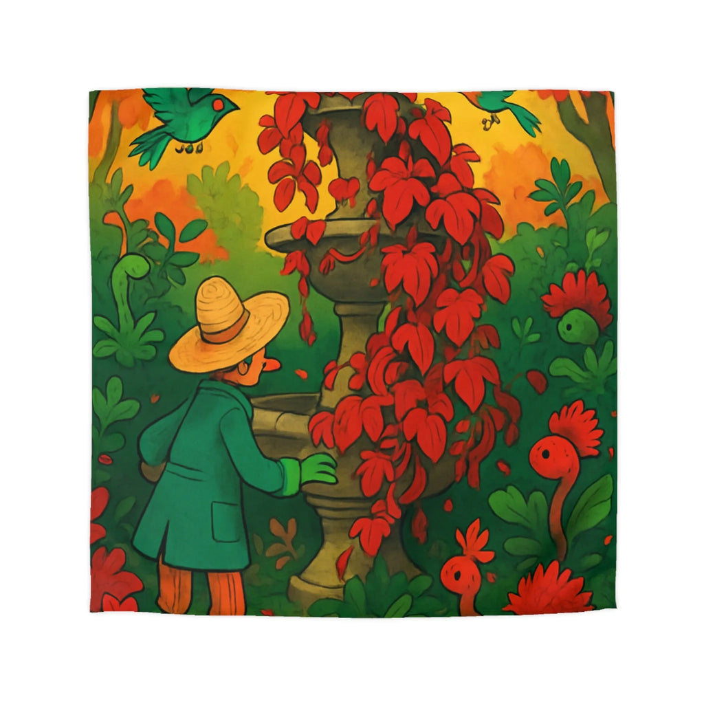 Housse de couette jardin enchanté avec fontaine et fleurs rouges pour chambre colorée