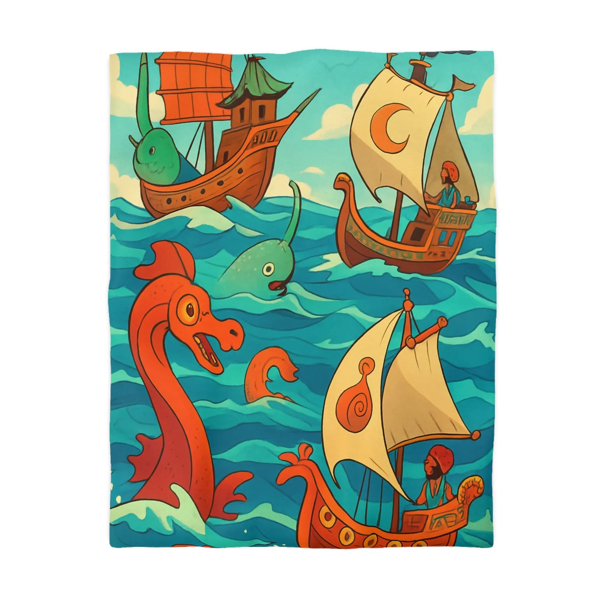 Housse de Couette Colorée avec Bateaux et Créatures Maritimes dans Stil Nautique Fantasy