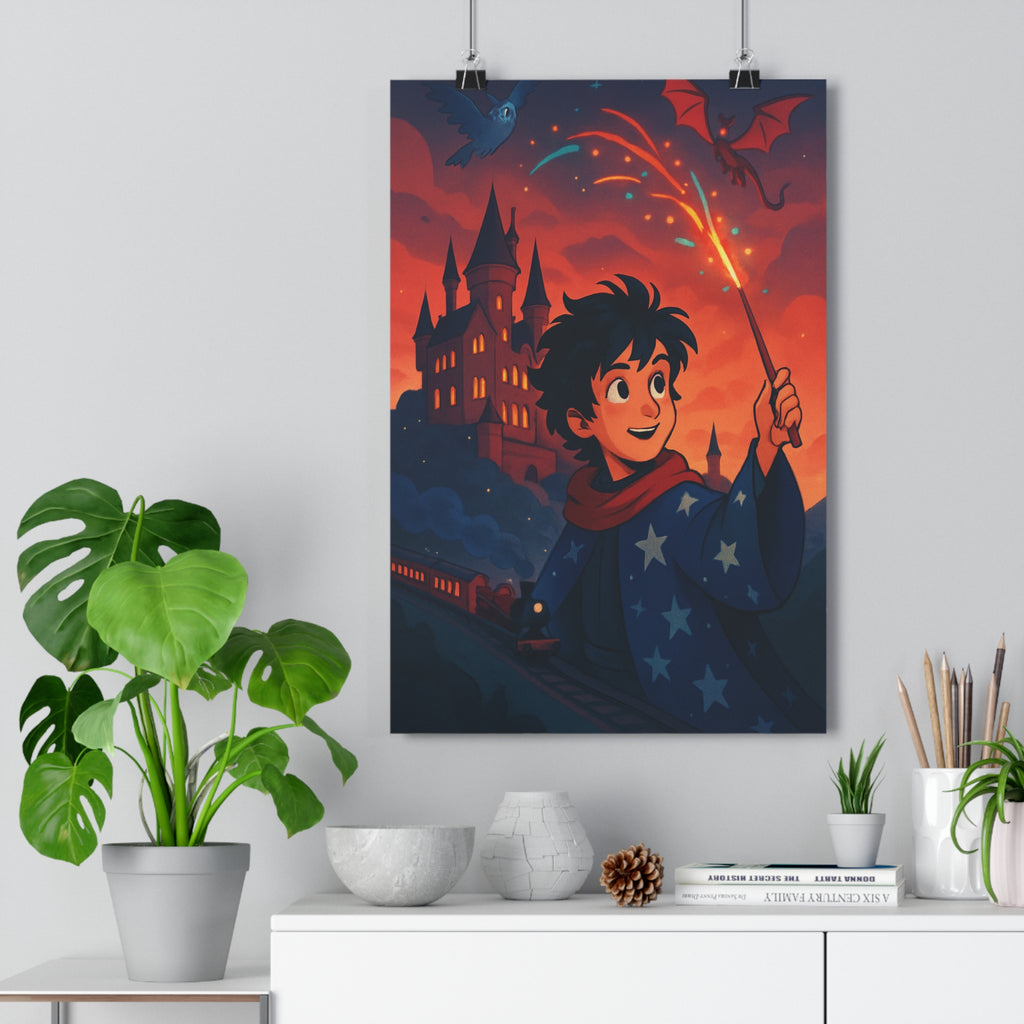 Poster décoratif sorcier étoilé magique rouge château majestueux mystique chambre enfant étincelles couleurs fantastique