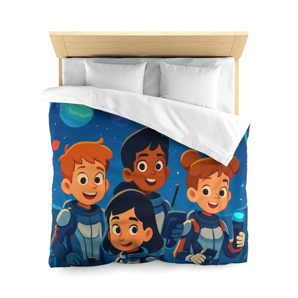 Housse de couette enfant en exploration spatiale avec planètes colorées et jeunes astronautes