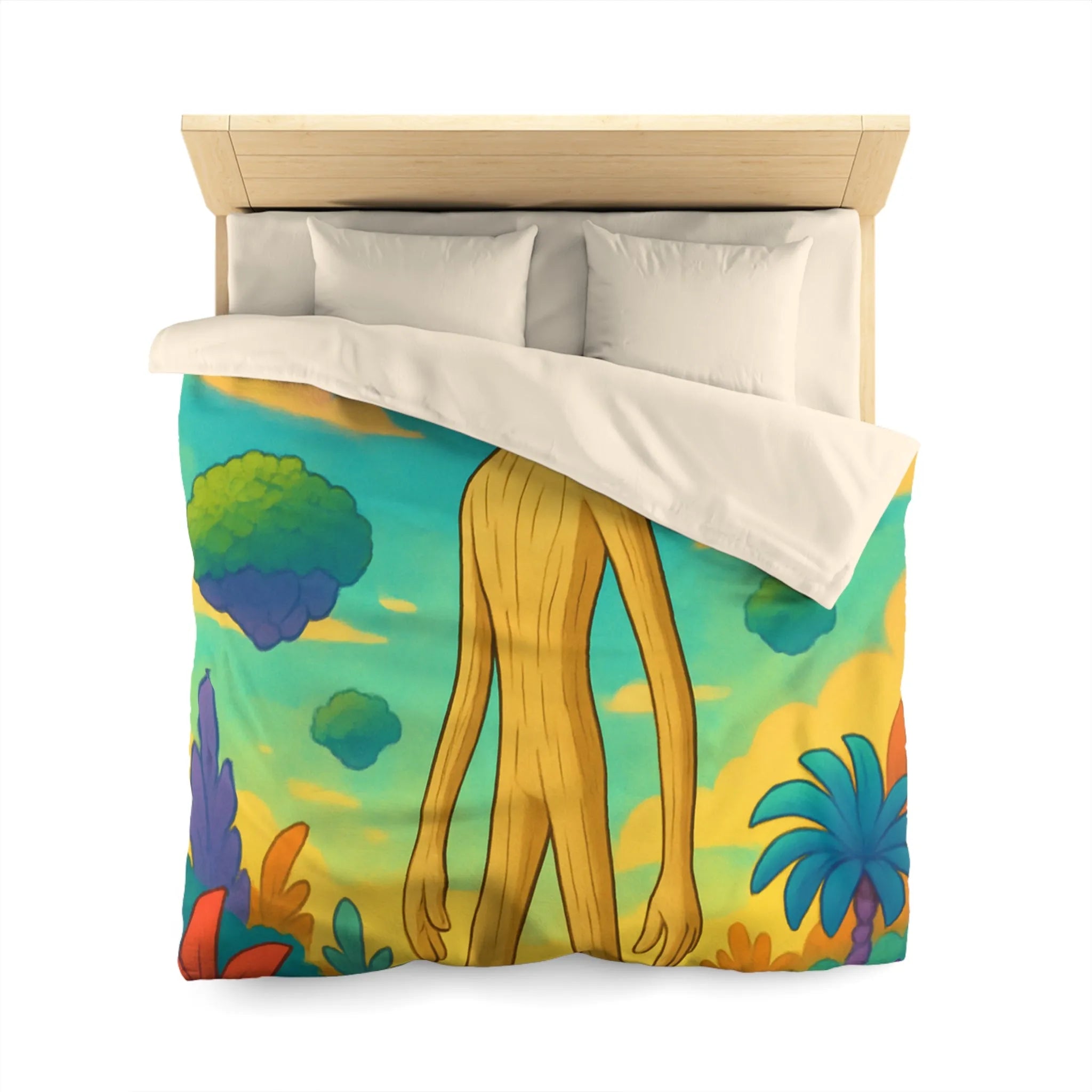 Housse de couette enchanteresse avec paysage coloré, créature en bois et papillons