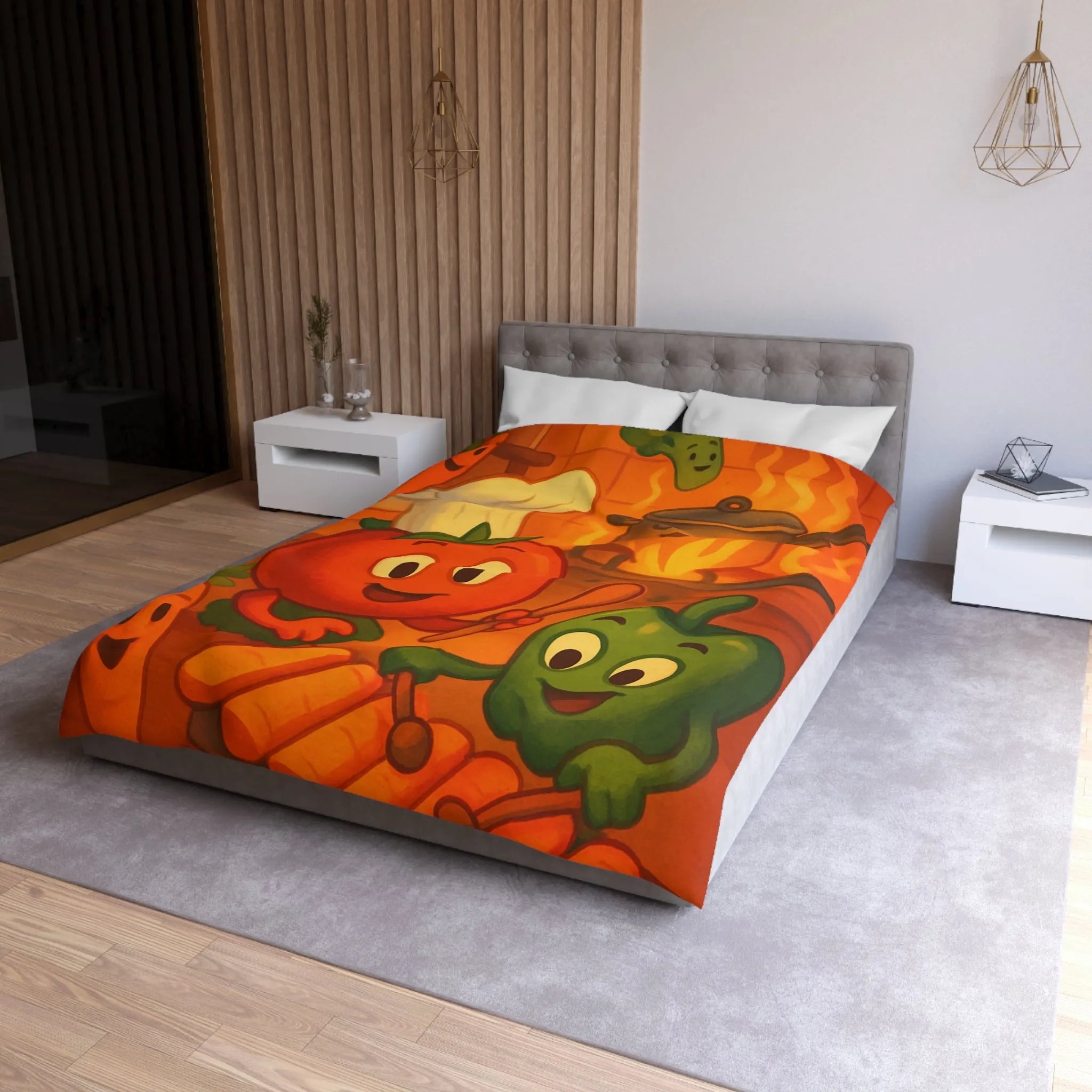Housse de couette illustrée avec légumes adorables jouant dans une cuisine animée orangée