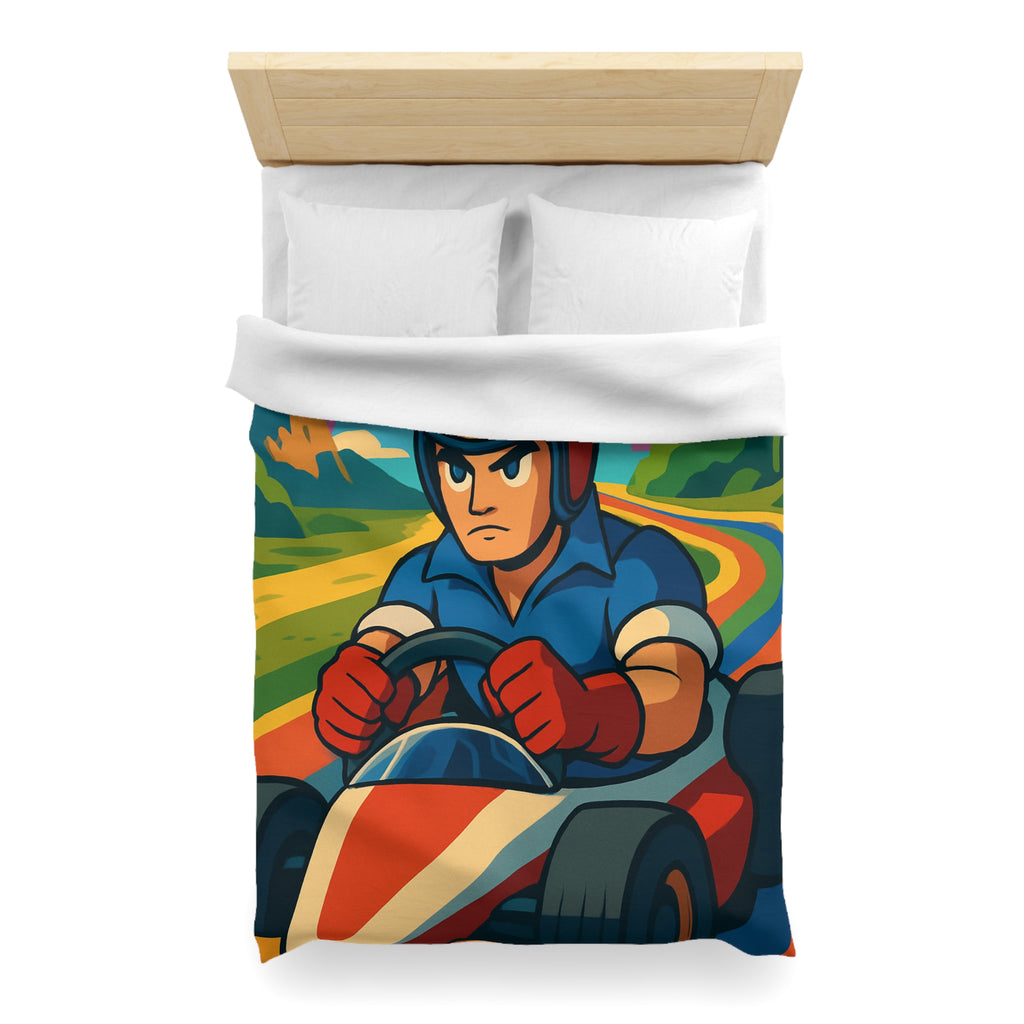 Housse de couette rétro colorée avec pilote de karting sous un arc-en-ciel vibrant