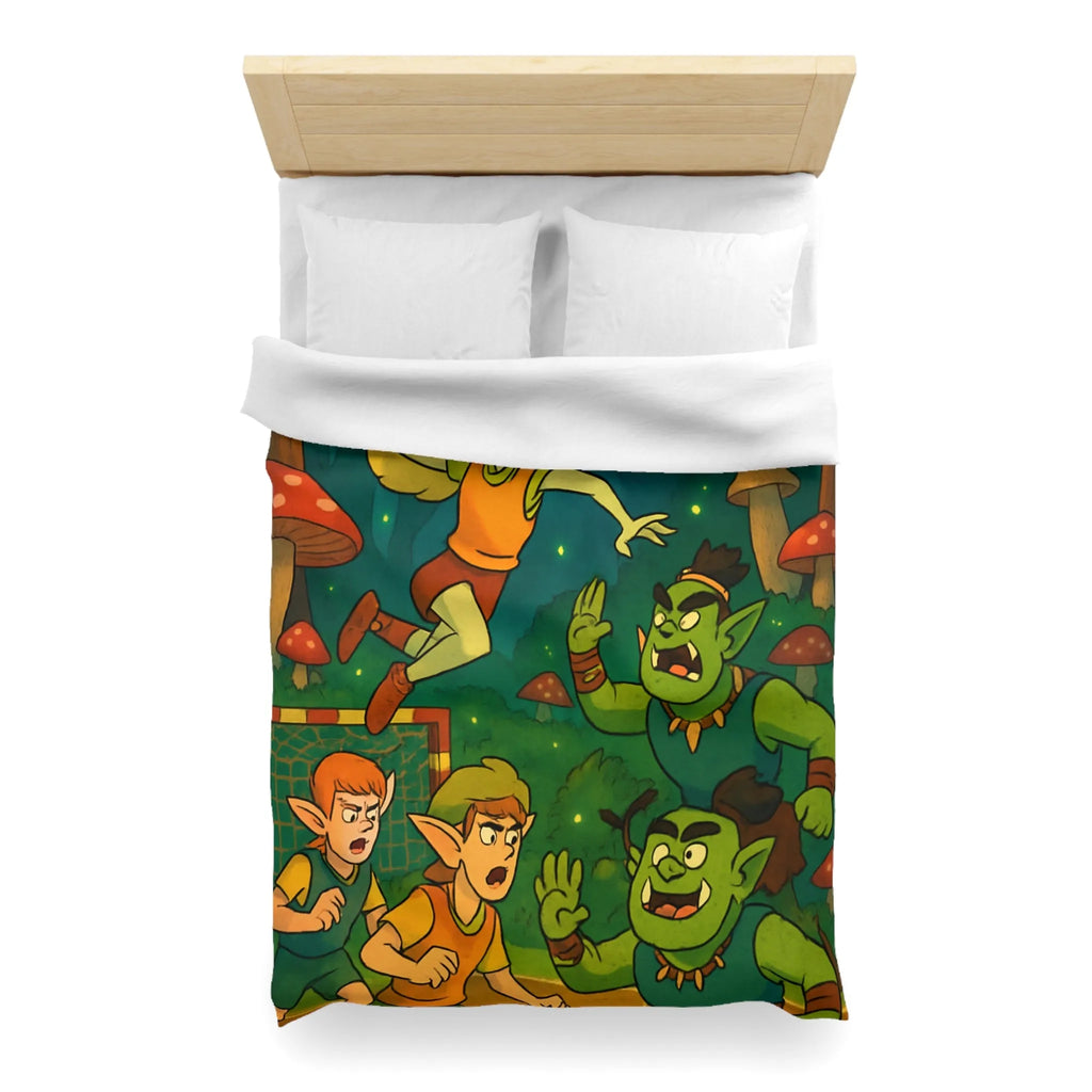 Housse de couette d’elfes joueurs de handball dans une forêt magique illuminée