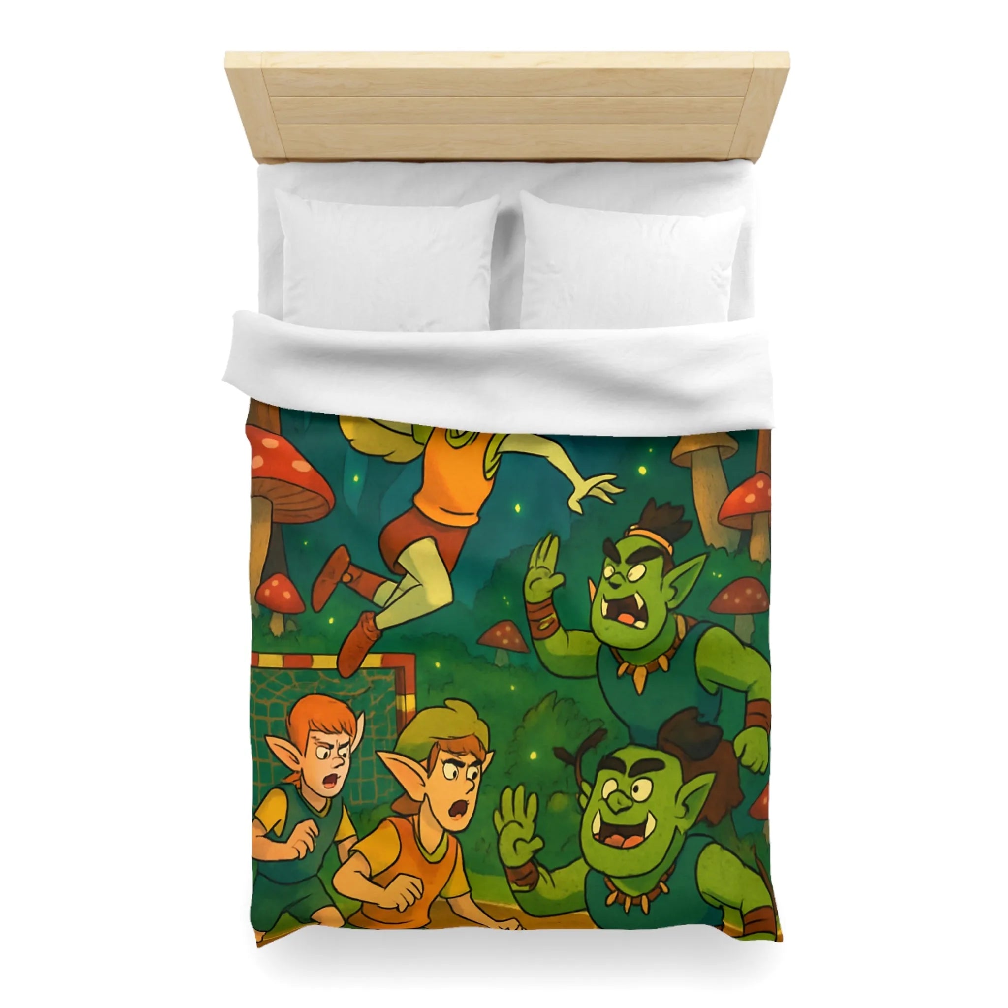 Housse de couette d’elfes joueurs de handball dans une forêt magique illuminée