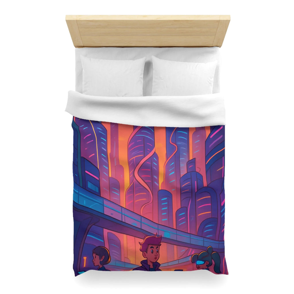 Housse de couette décor futuriste avec ville néon et gratte-ciel au coucher du soleil