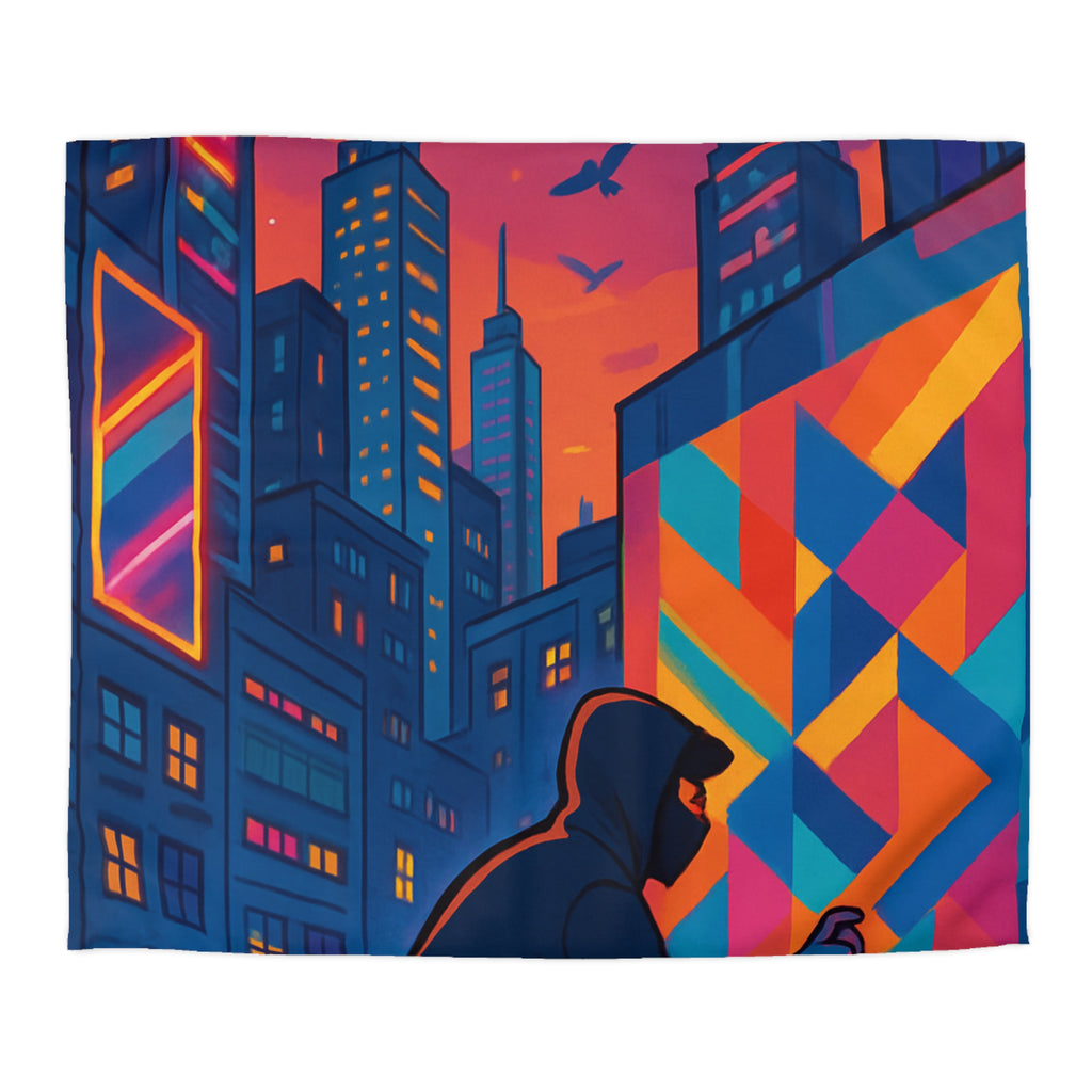 Housse de couette urbaine multicolore graffiti avec gratte-ciel et ciel crépusculaire