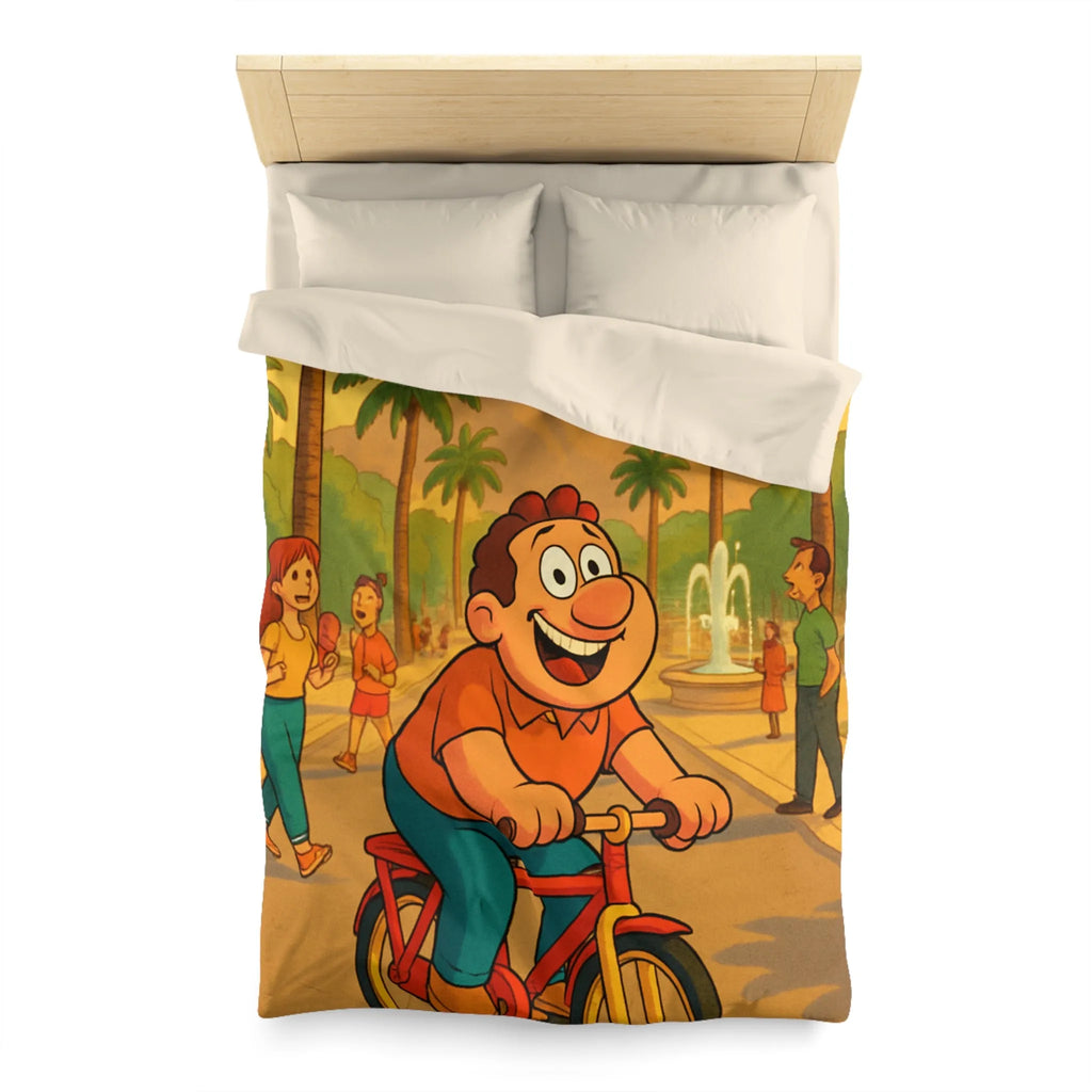 Housse de Couette Cartoon Joyeuse avec Cycliste dans un Parc Tropical et Fontaine