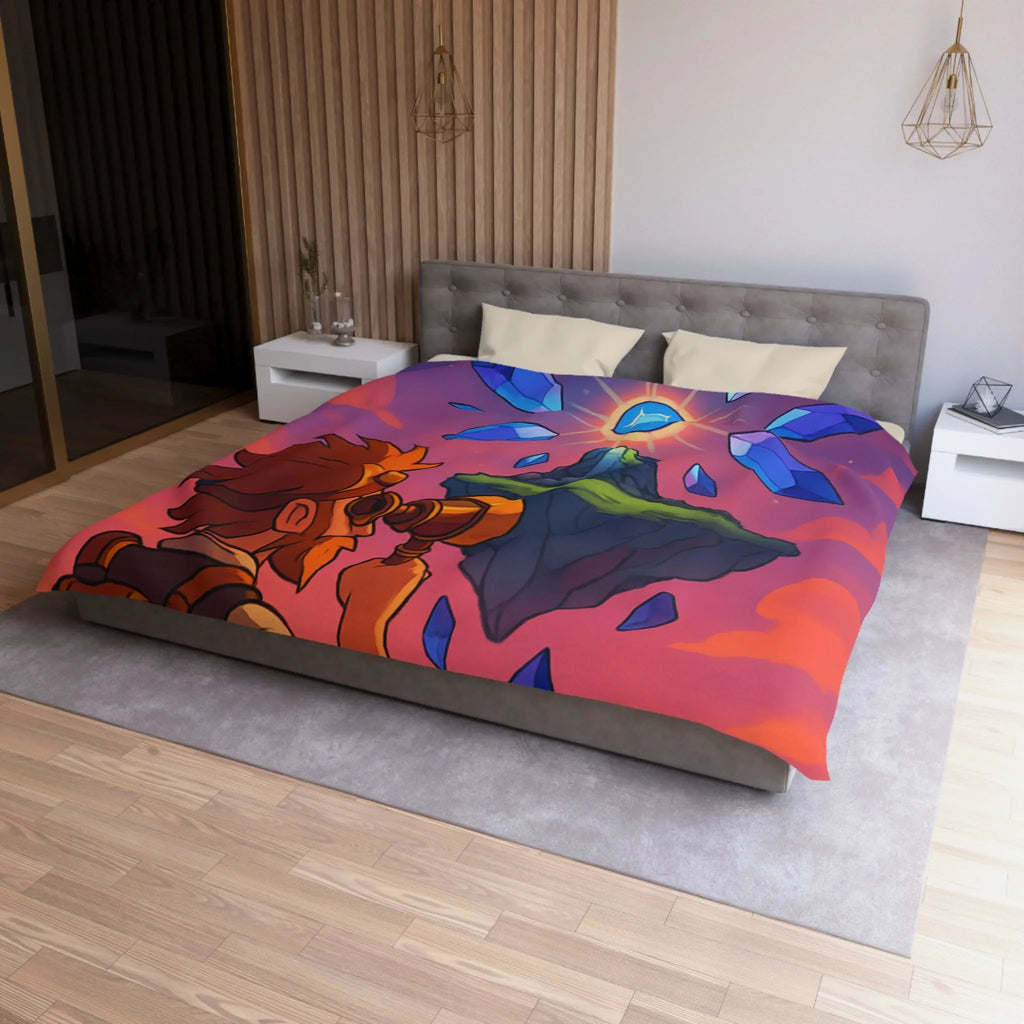 Housse de couette aventure fantastique avec cristaux flottants et scientifique explorateur