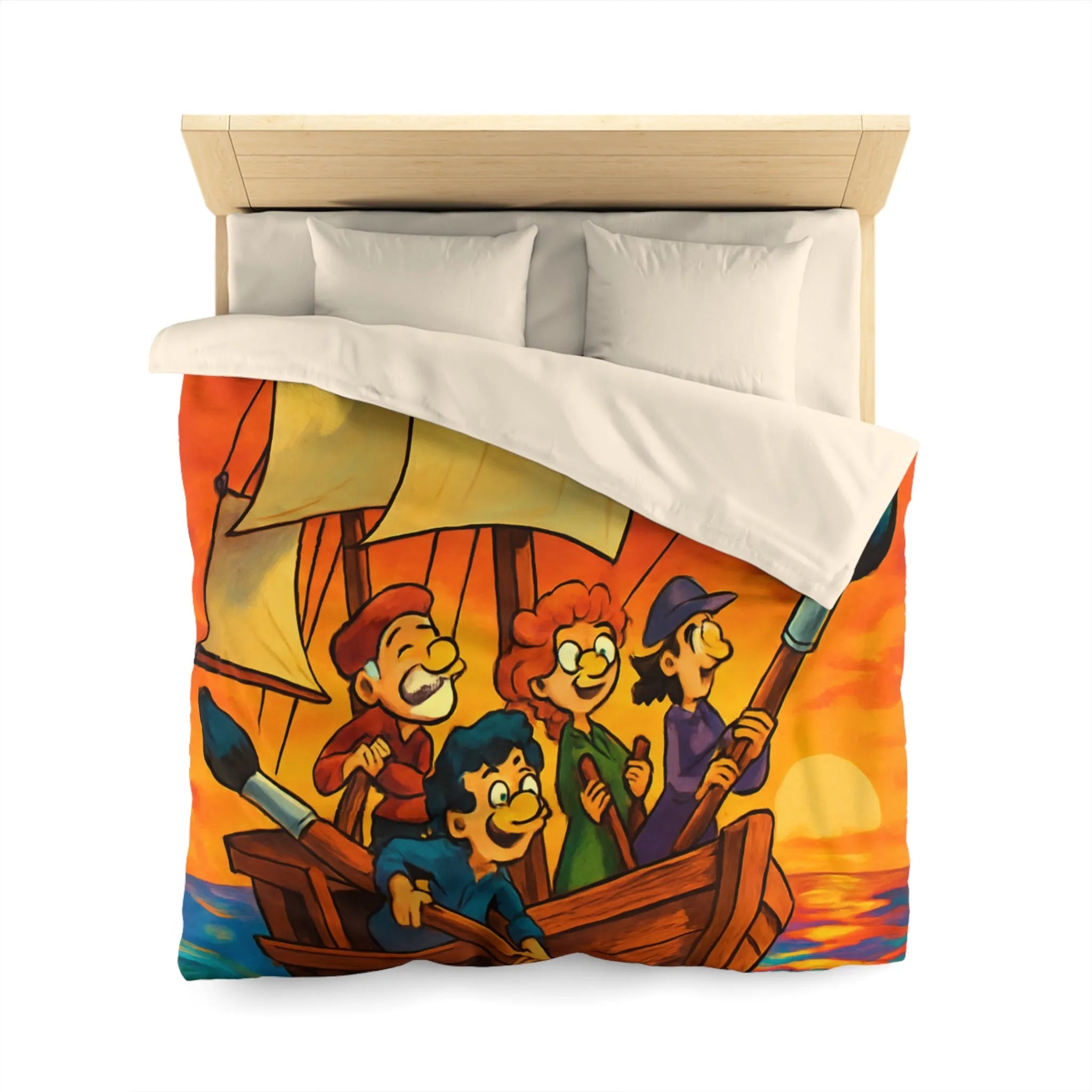 Housse de couette illustrée avec bateau et ciel coloré au coucher du soleil