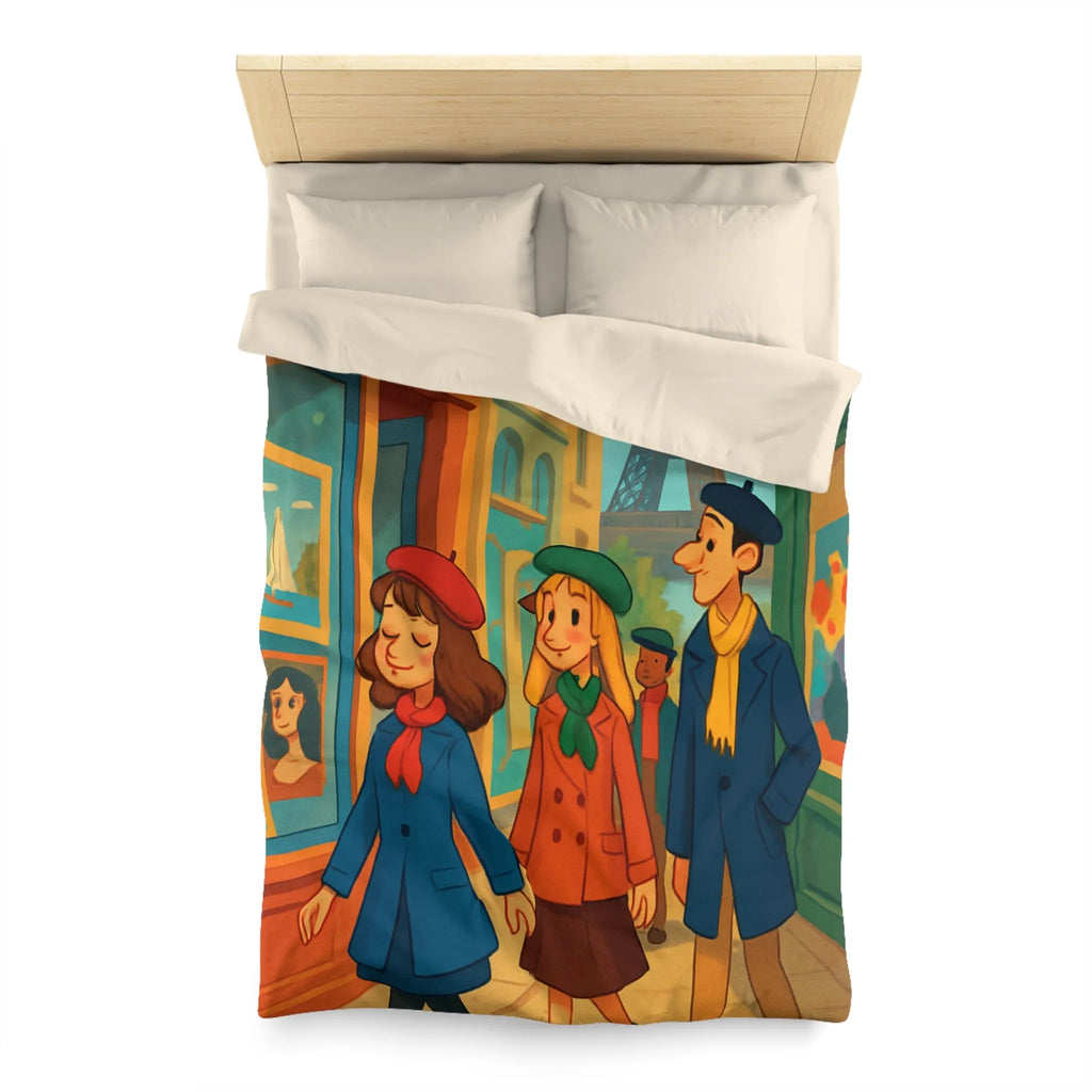 Housse de couette illustrée Paris promenade style rétro avec amis et Tour Eiffel
