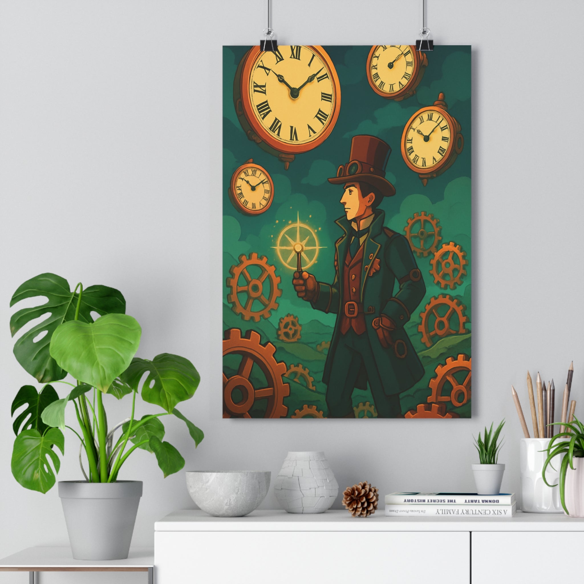 Poster décoratif steampunk vintage brun vert mystique salon bureau homme élégant intrigant 30x46 cm