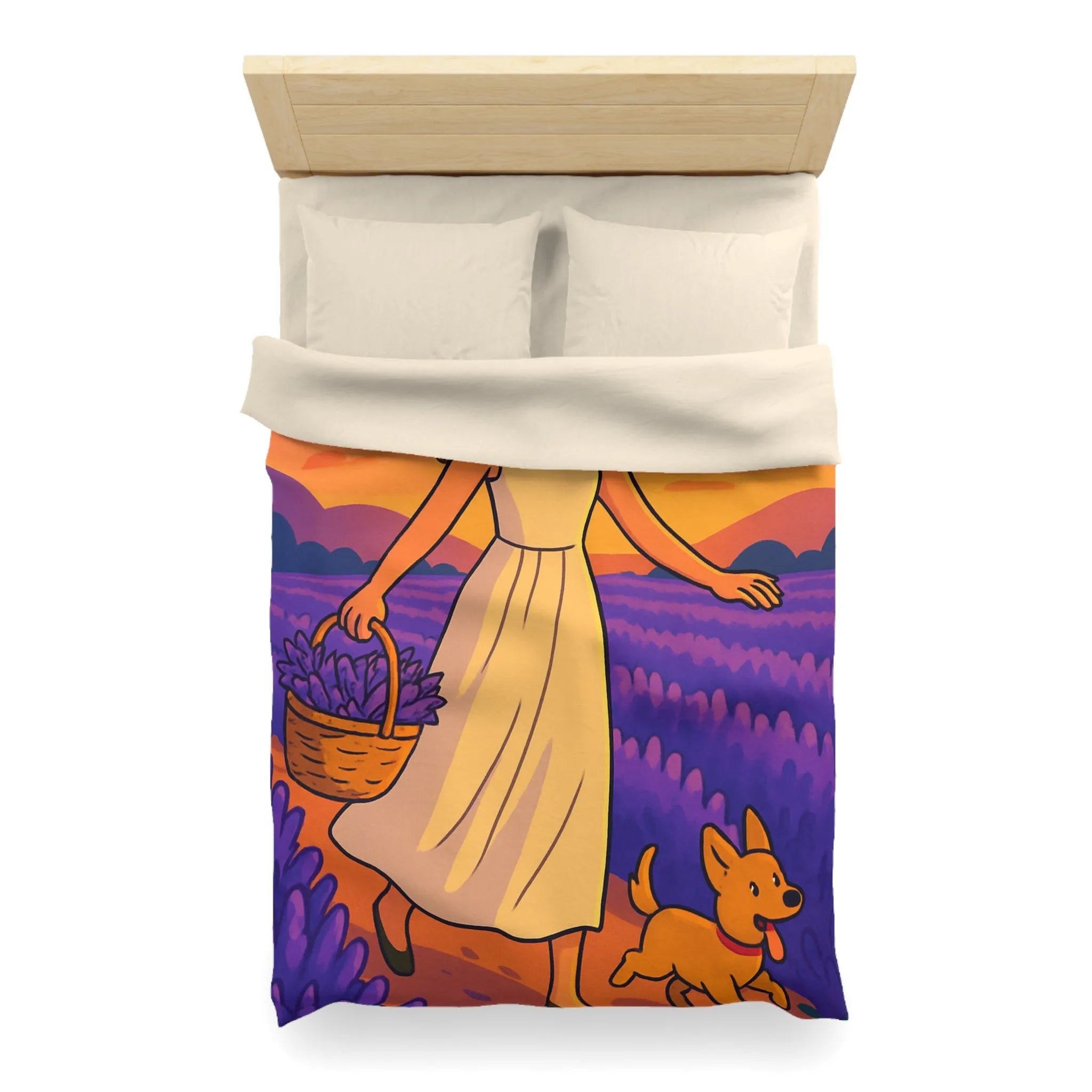Housse de couette avec design fille et chien dans champ de lavande au coucher du soleil
