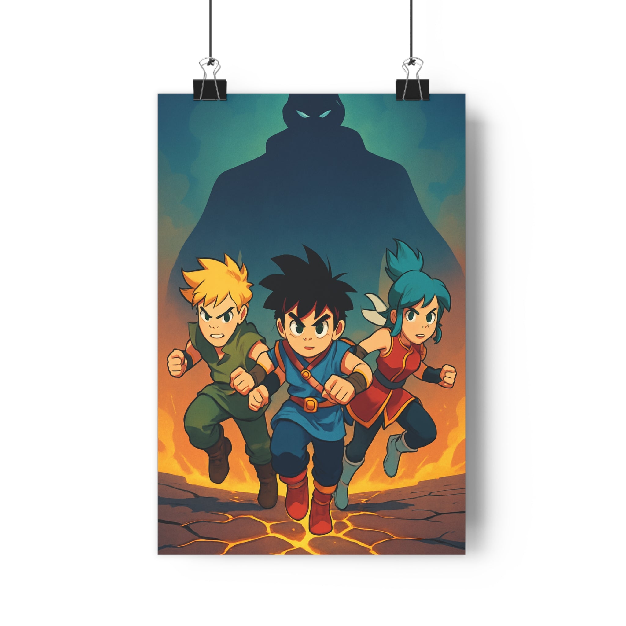 Poster décoratif animé guerriers mystique bleu rouge jaune salon chambre mur aventure héroïque vibrant