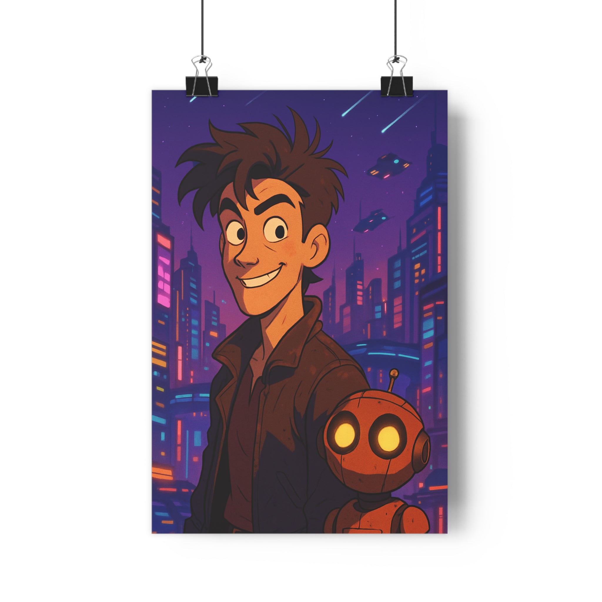 Poster décoratif cartoon violet orange futuriste aventure chambre bureau sciencefiction enfant vibrant qualité premium