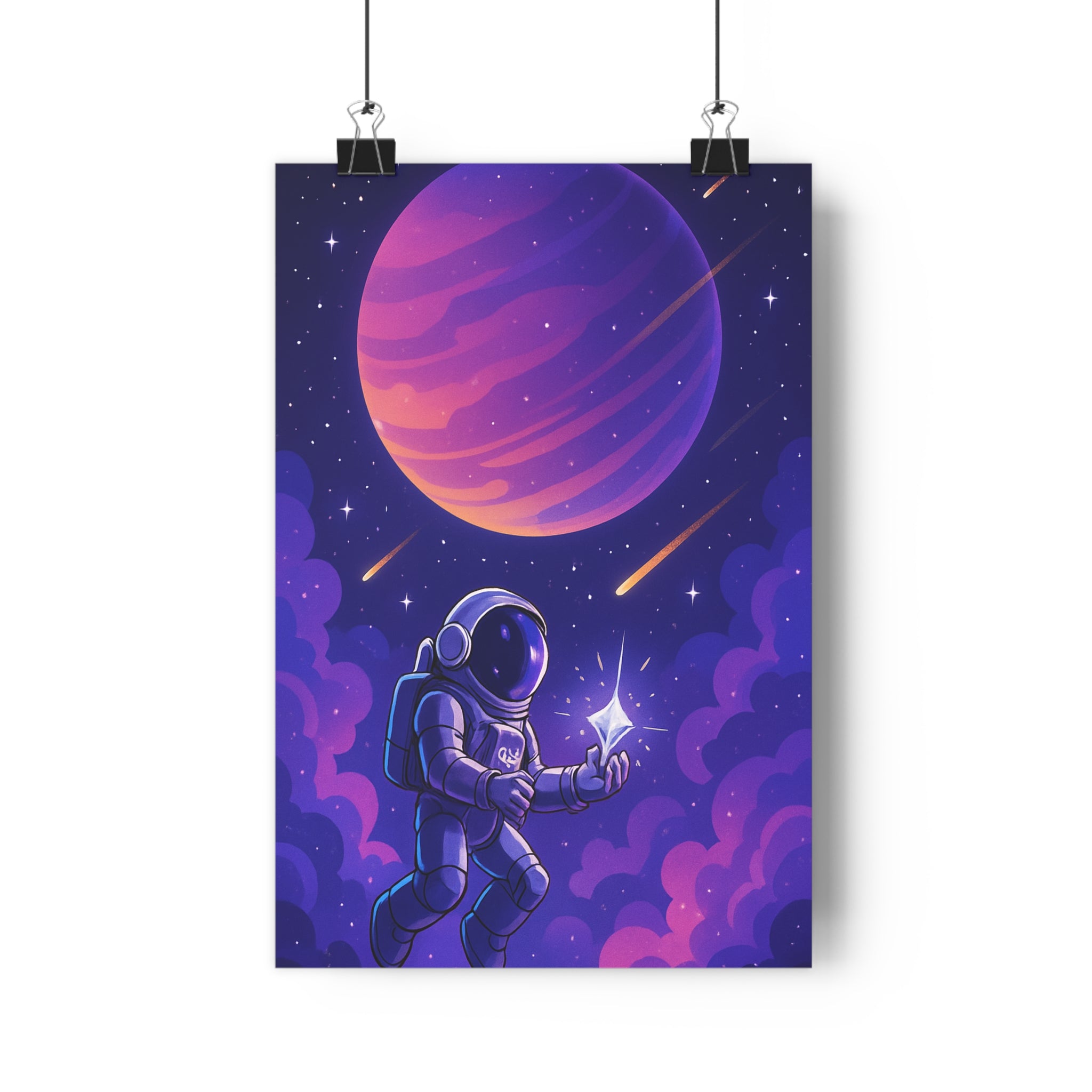 Poster décoratif mystérieux astronaute violet orange futuriste cosmos espace chambre bureau tendance ambiance qualité
