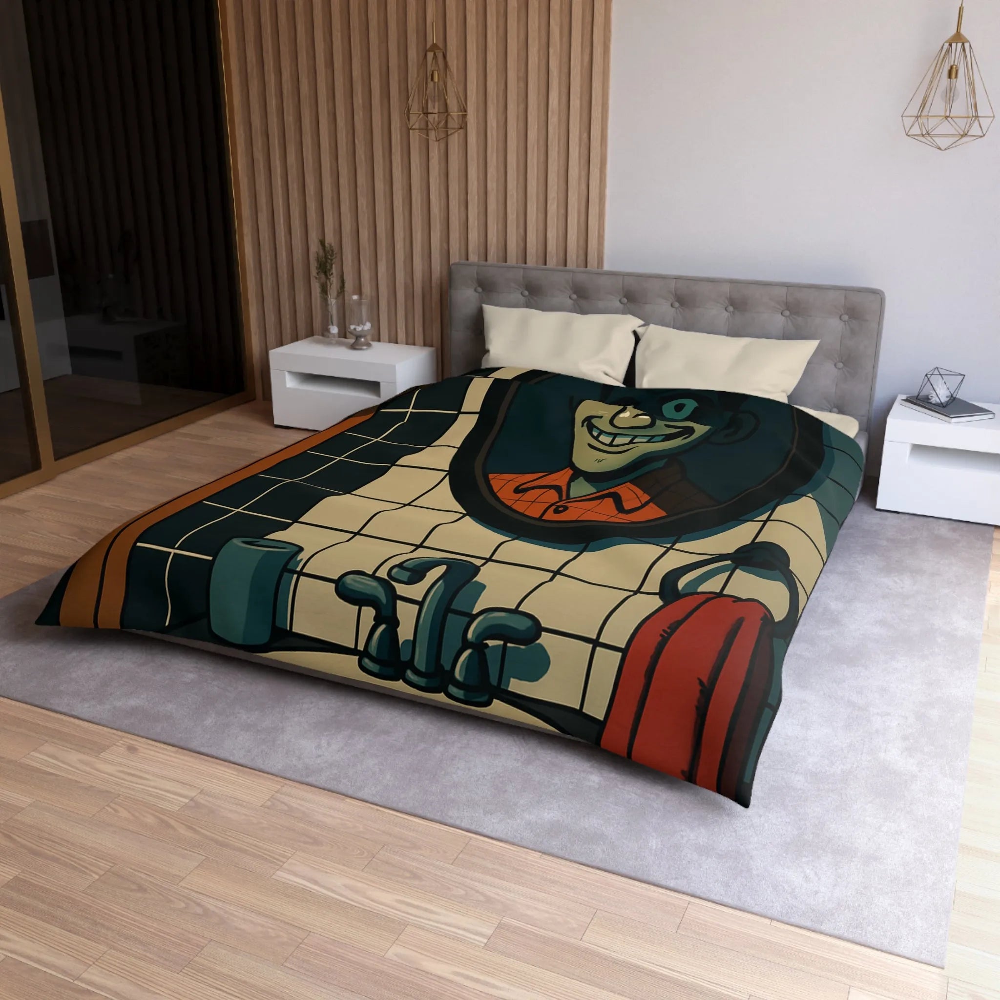 Housse de couette graphique avec dessin animé miroir effrayant et carreaux de salle de bain