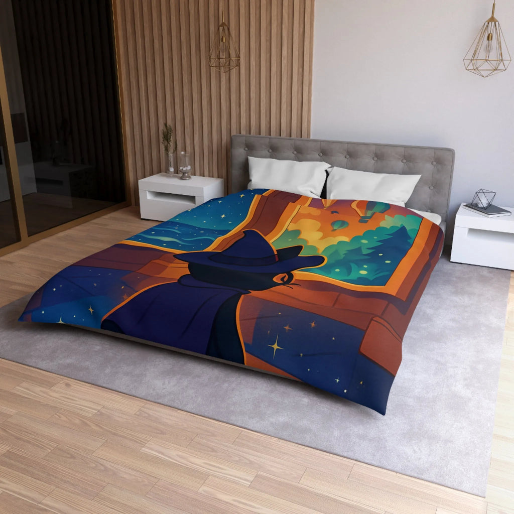Housse de couette ambiance nocturne avec chat sorcier et paysages enchanteurs colorés