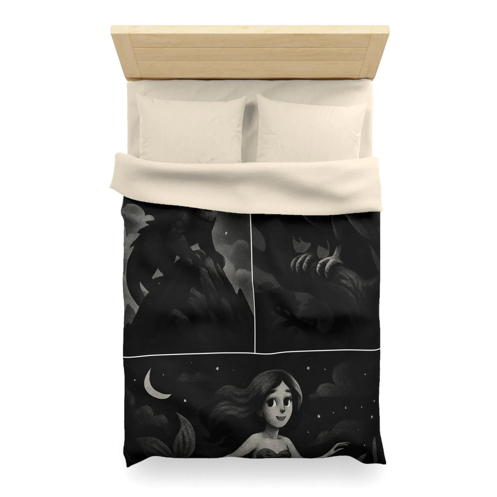 Housse de couette avec motifs de créatures fantastiques dragon, griffon et sirène en noir et gris