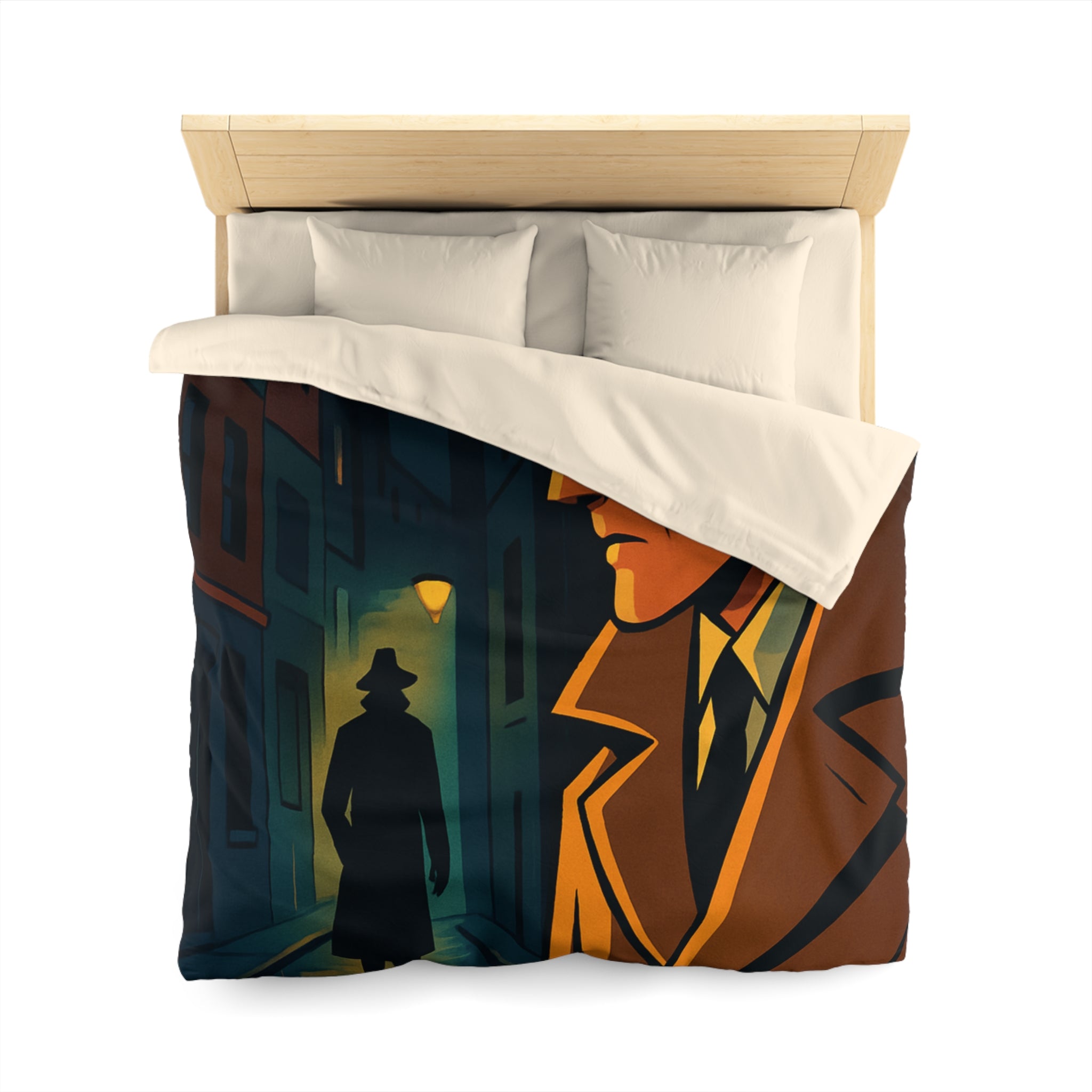 Housse de couette vintage style détective film noir avec scène de rue mystérieuse