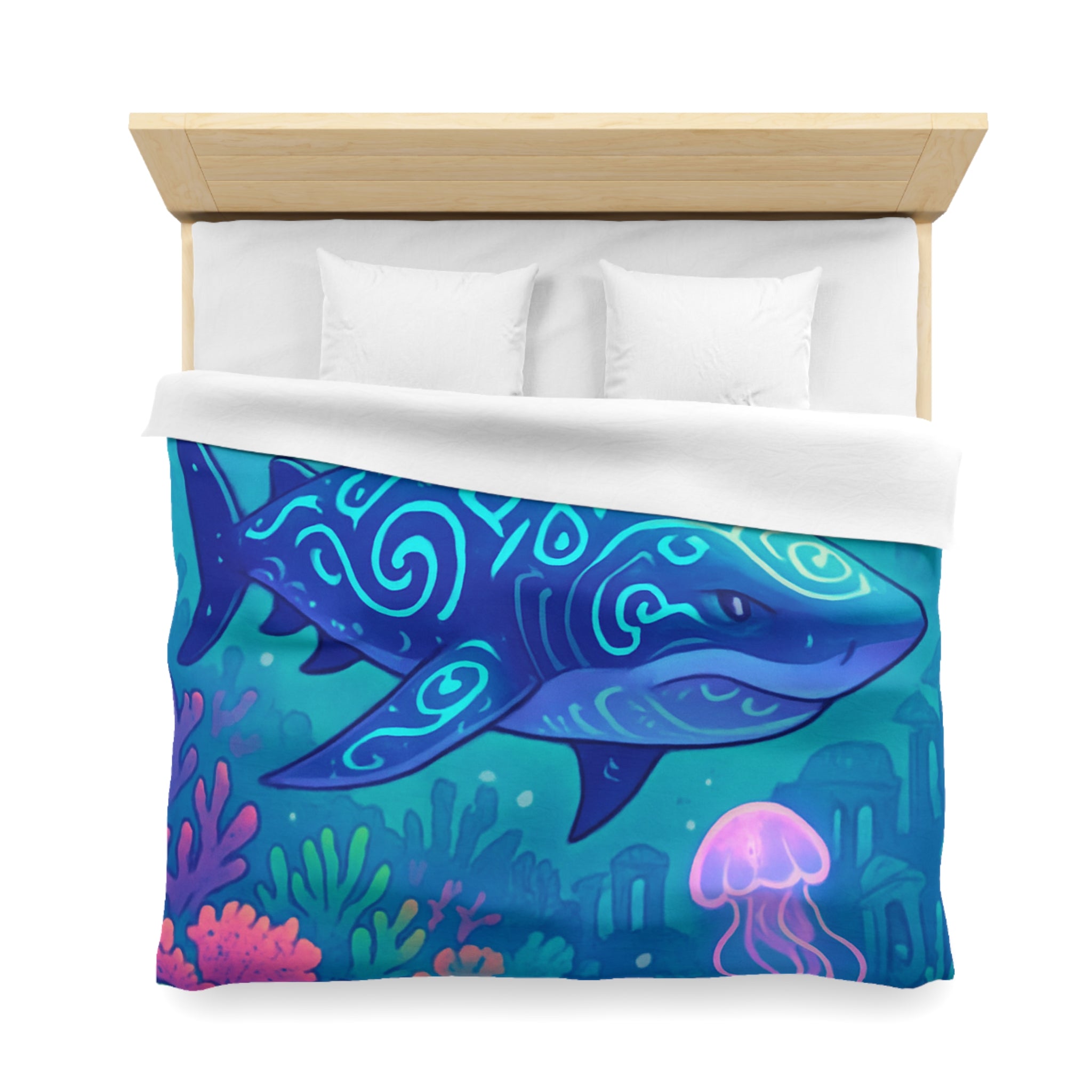 Housse de couette océan fantastique avec requin luminescent et méduses colorées