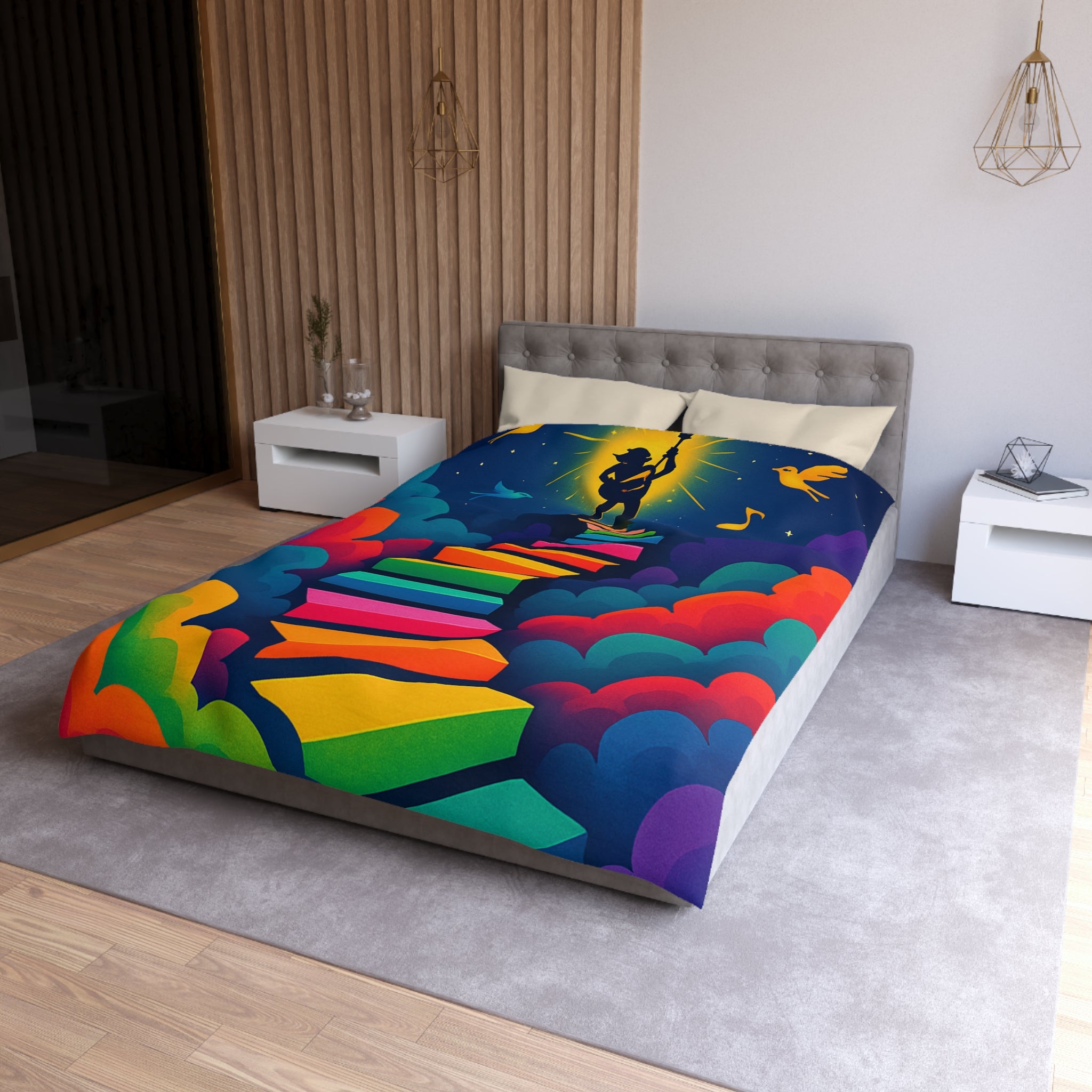 Housse de Couette Rêve d'Escalier Arc-en-Ciel avec Musicien et Oiseaux Colorés