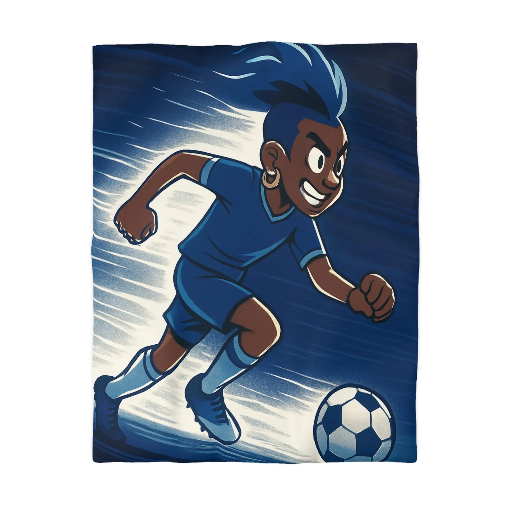 Housse de couette football dynamique garçon jouant au soccer style cartoon moderne bleu