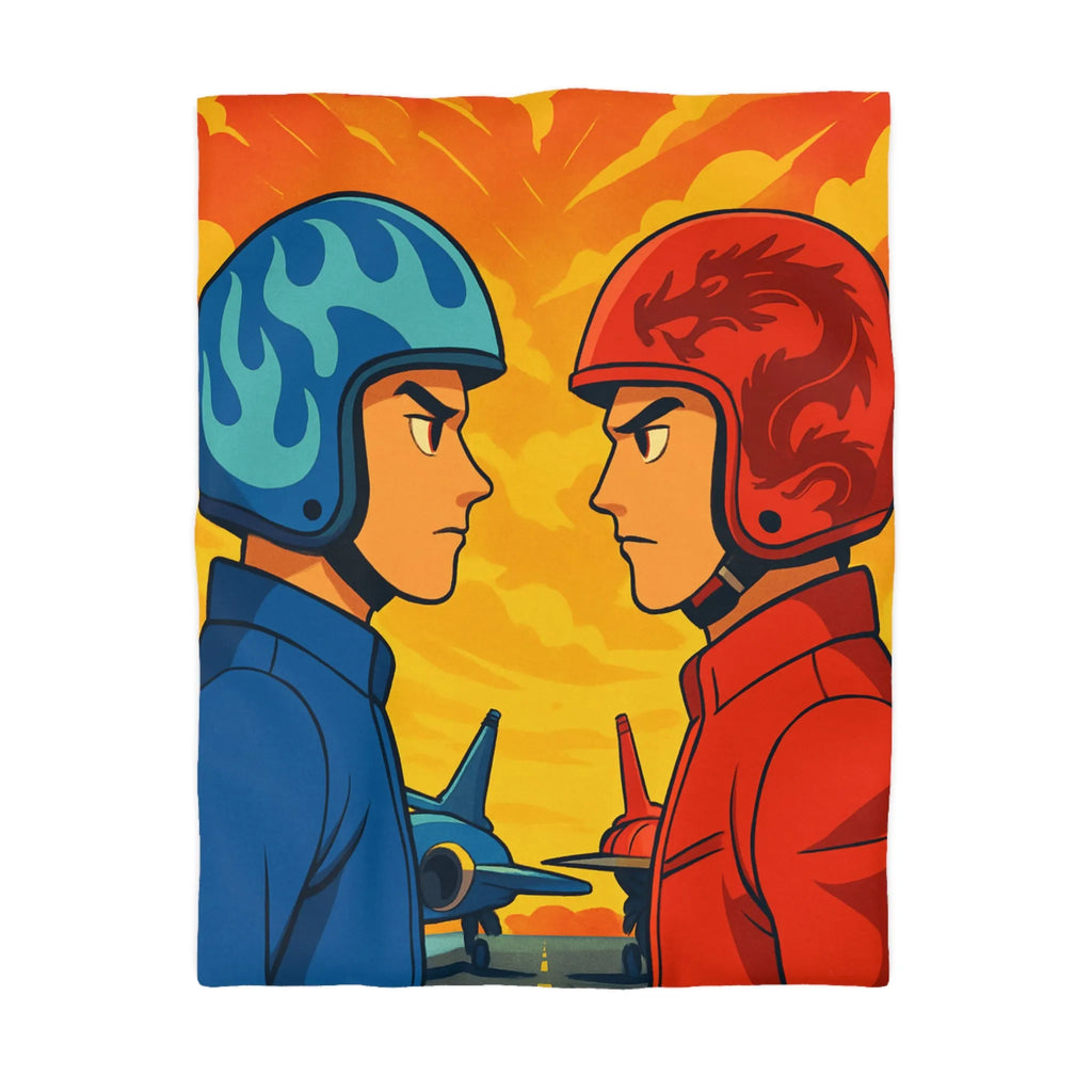 Housse de couette colorée avec deux pilotes et jets sur fond flamboyant